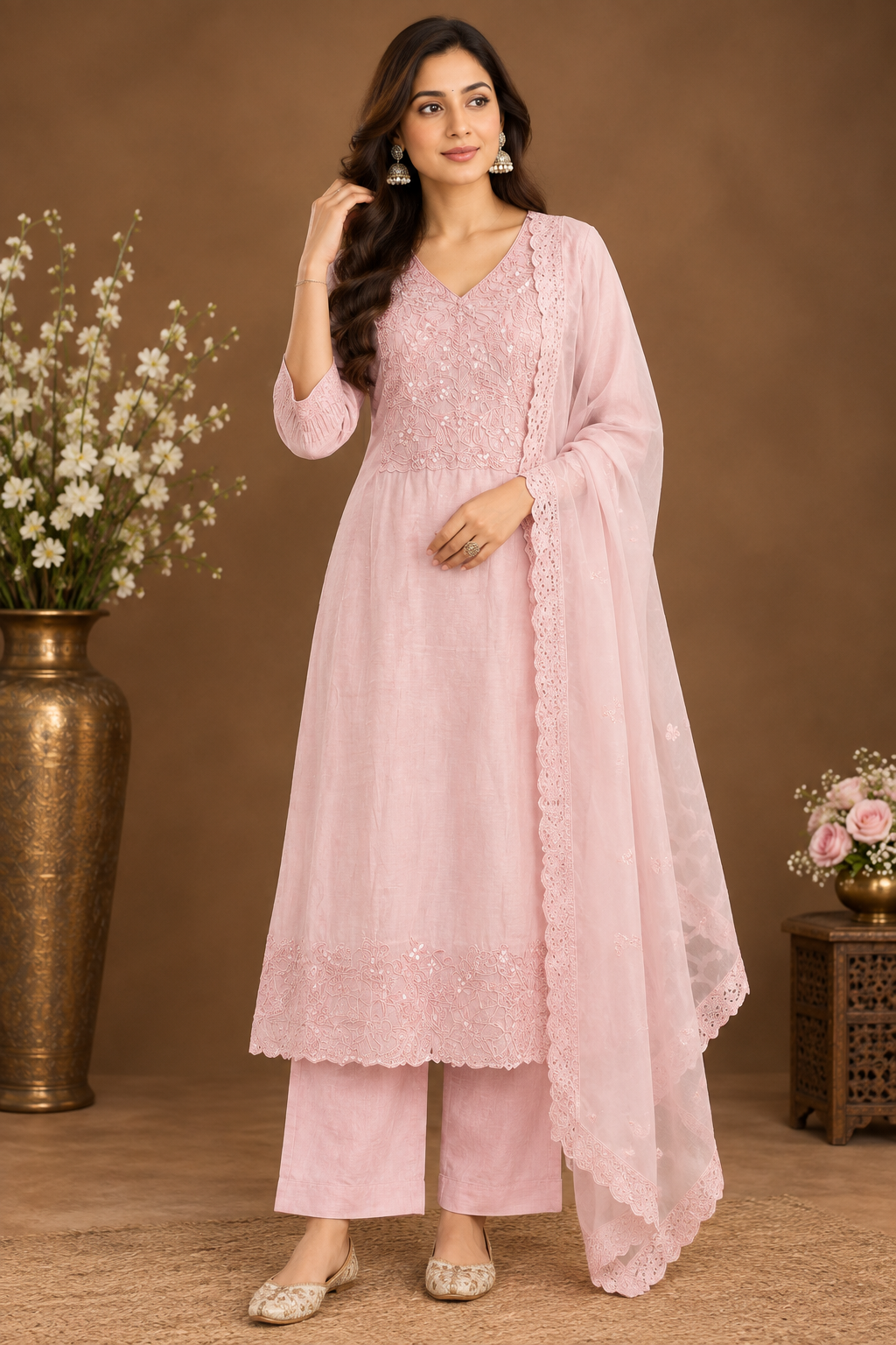 Elegant Pink Embroidered Kurta Palazzo Set with Dupatta