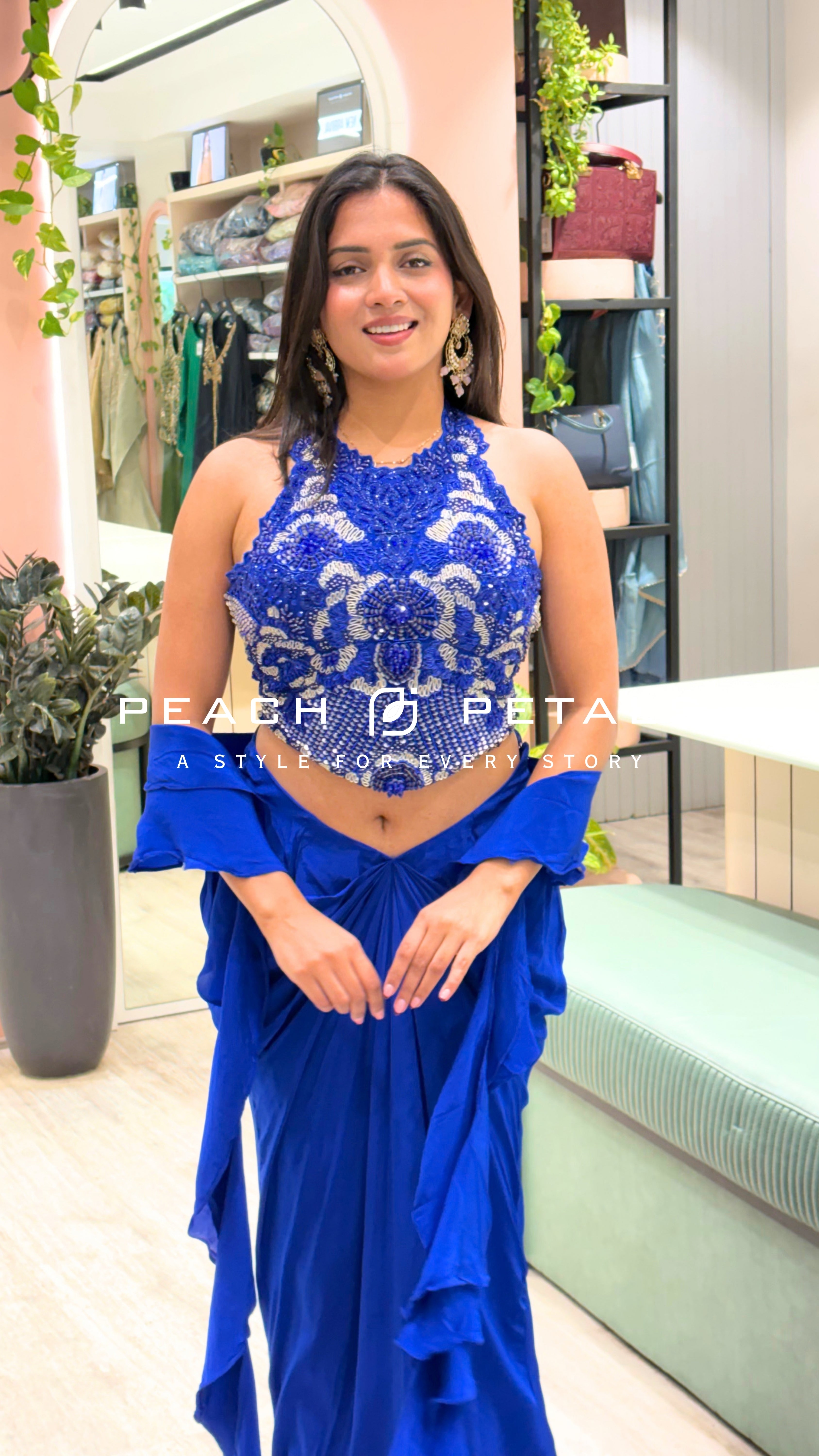 Royal Blue Embroidered Halter Neck Ruffle Lehenga Set
