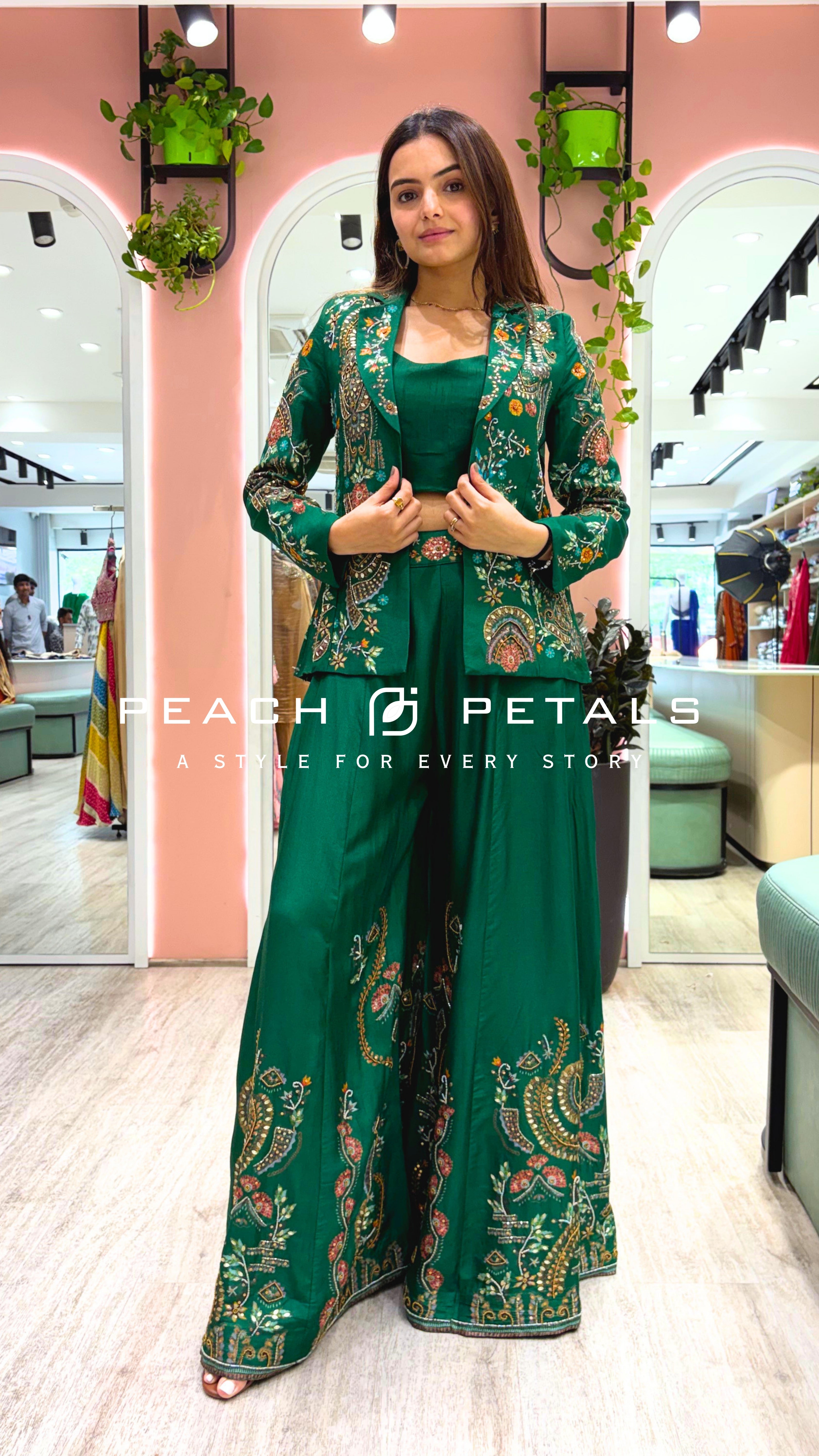 : Elegant Emerald Green Embroidered Palazzo Set with Jacket