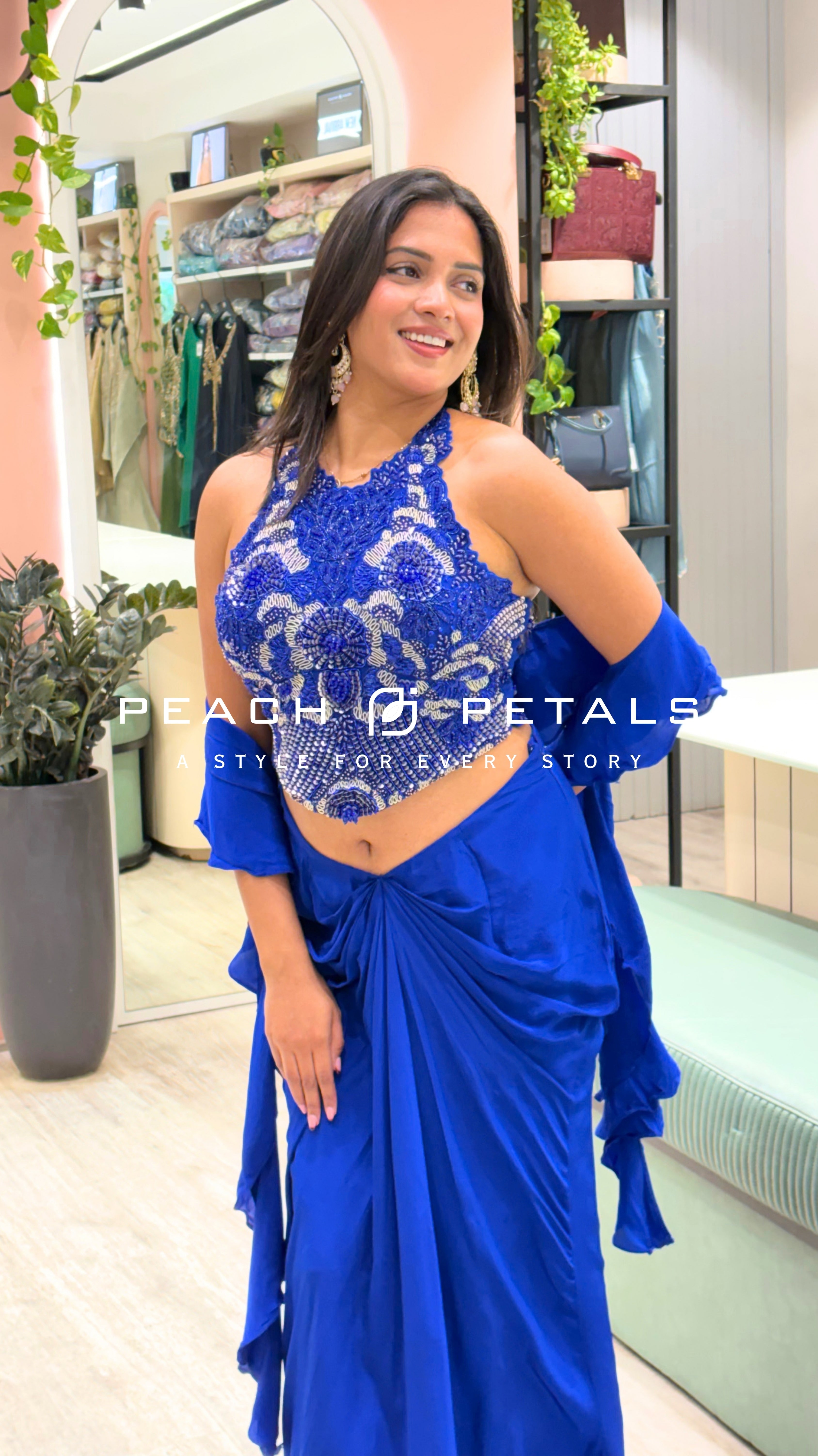 Royal Blue Embroidered Halter Neck Ruffle Lehenga Set