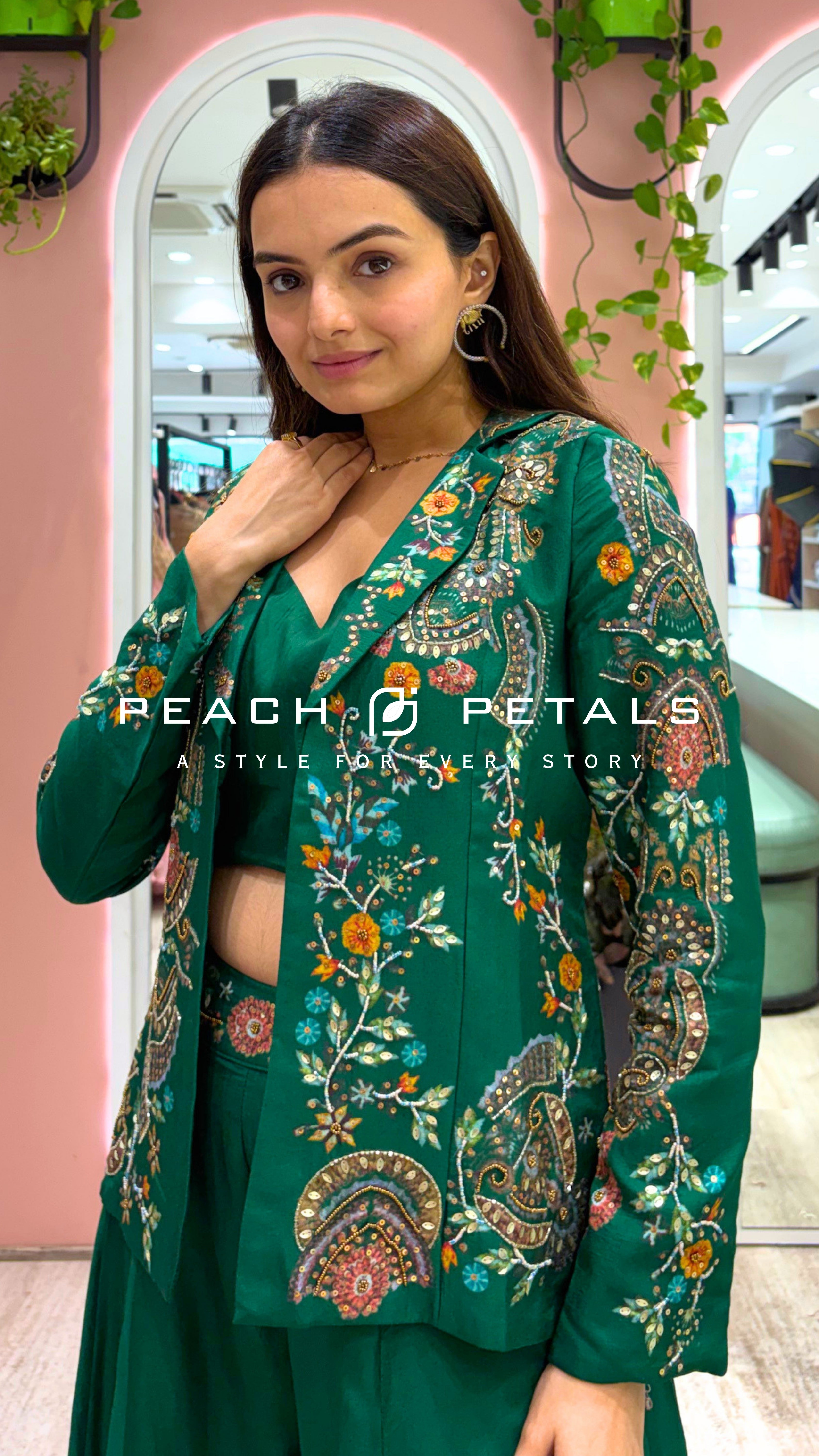 : Elegant Emerald Green Embroidered Palazzo Set with Jacket