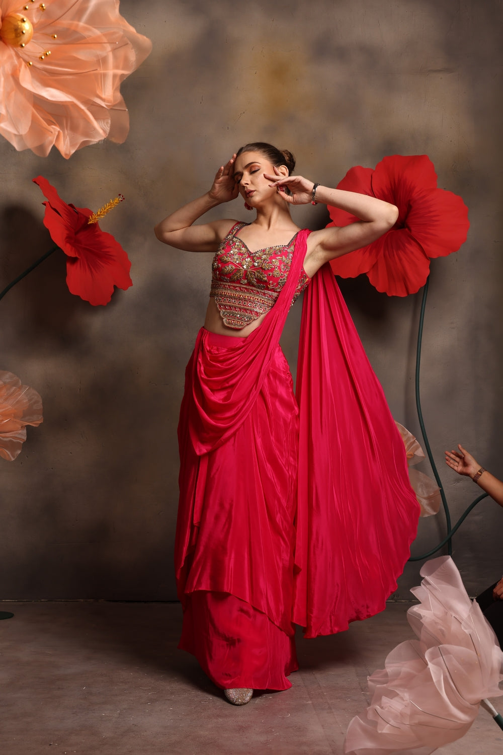 Designer Pink Drape Saree with Embroidered Blouse