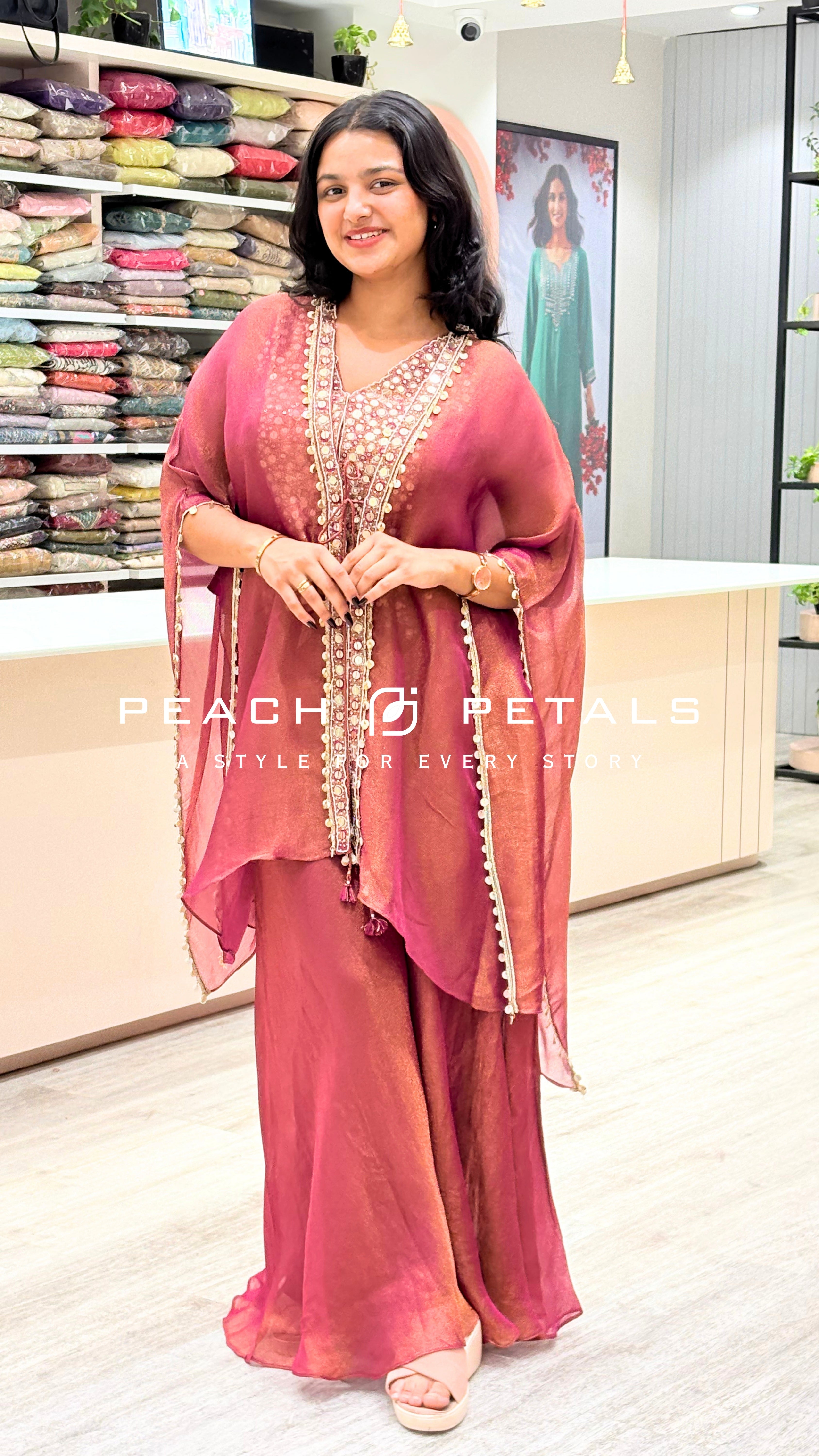 Elegant Rose Pink Palazzo Suit Set with Embellished Cape