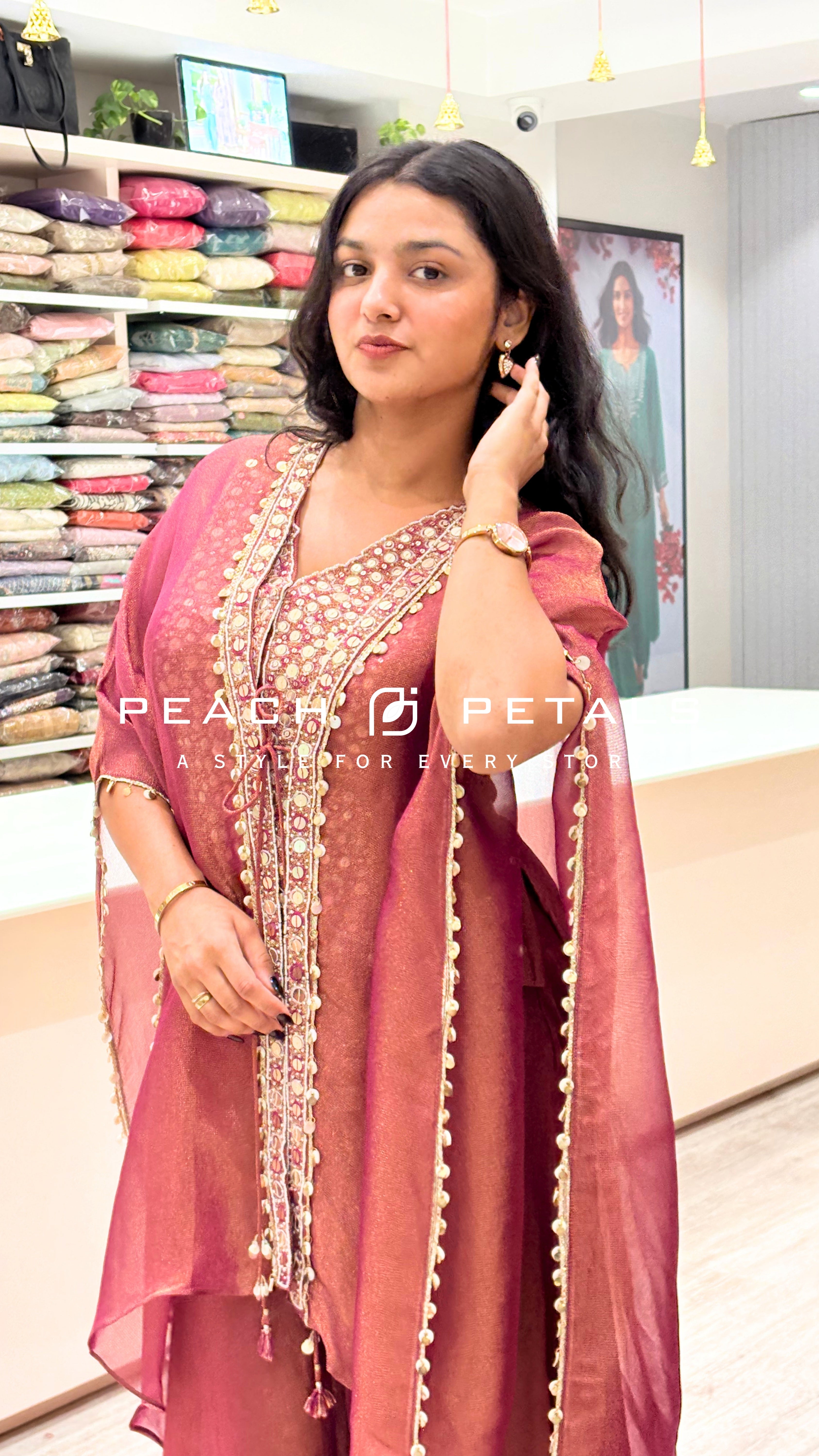 Elegant Rose Pink Palazzo Suit Set with Embellished Cape