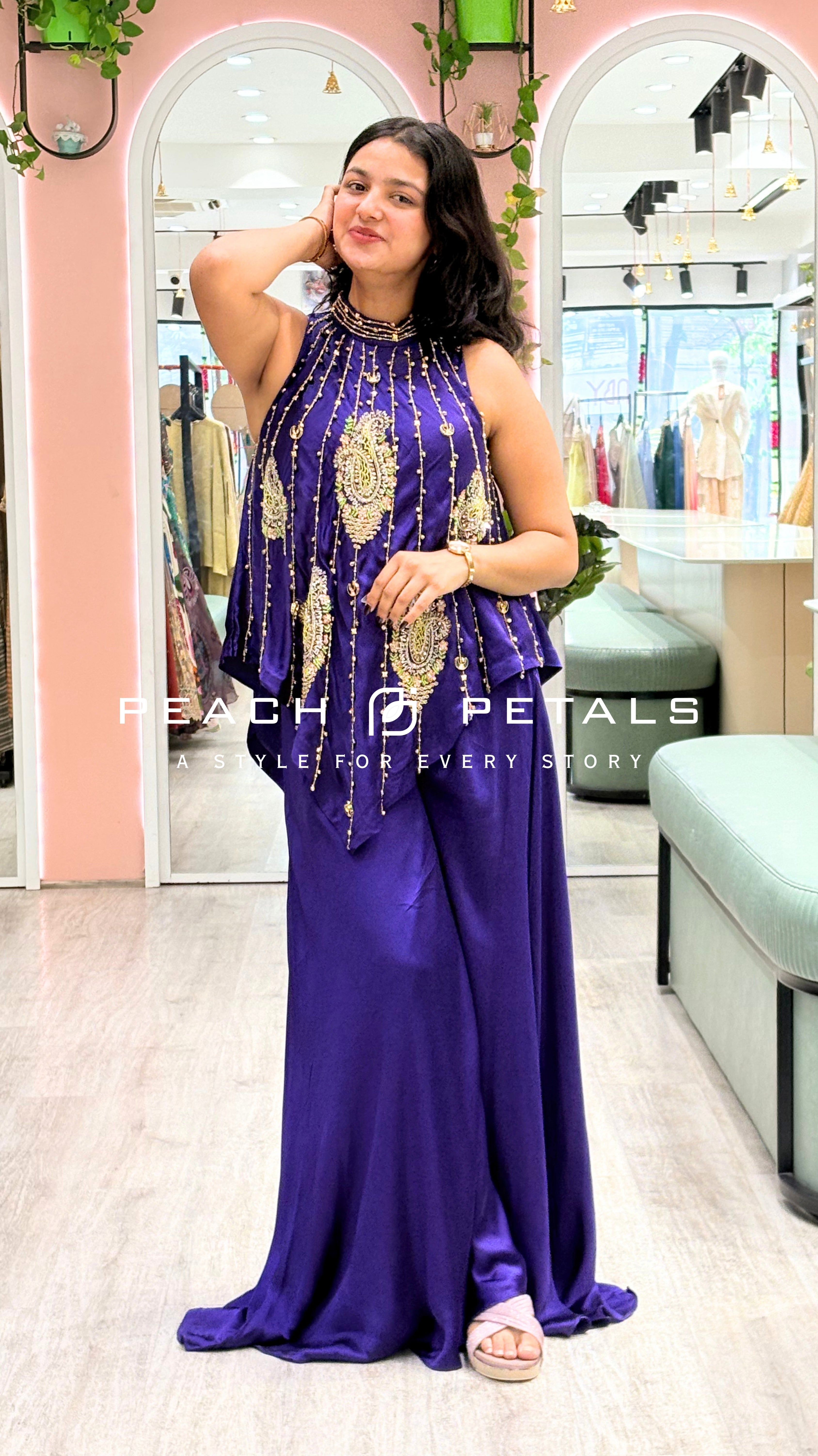Royal Blue Satin Gown with Golden Embellished Halter Neck