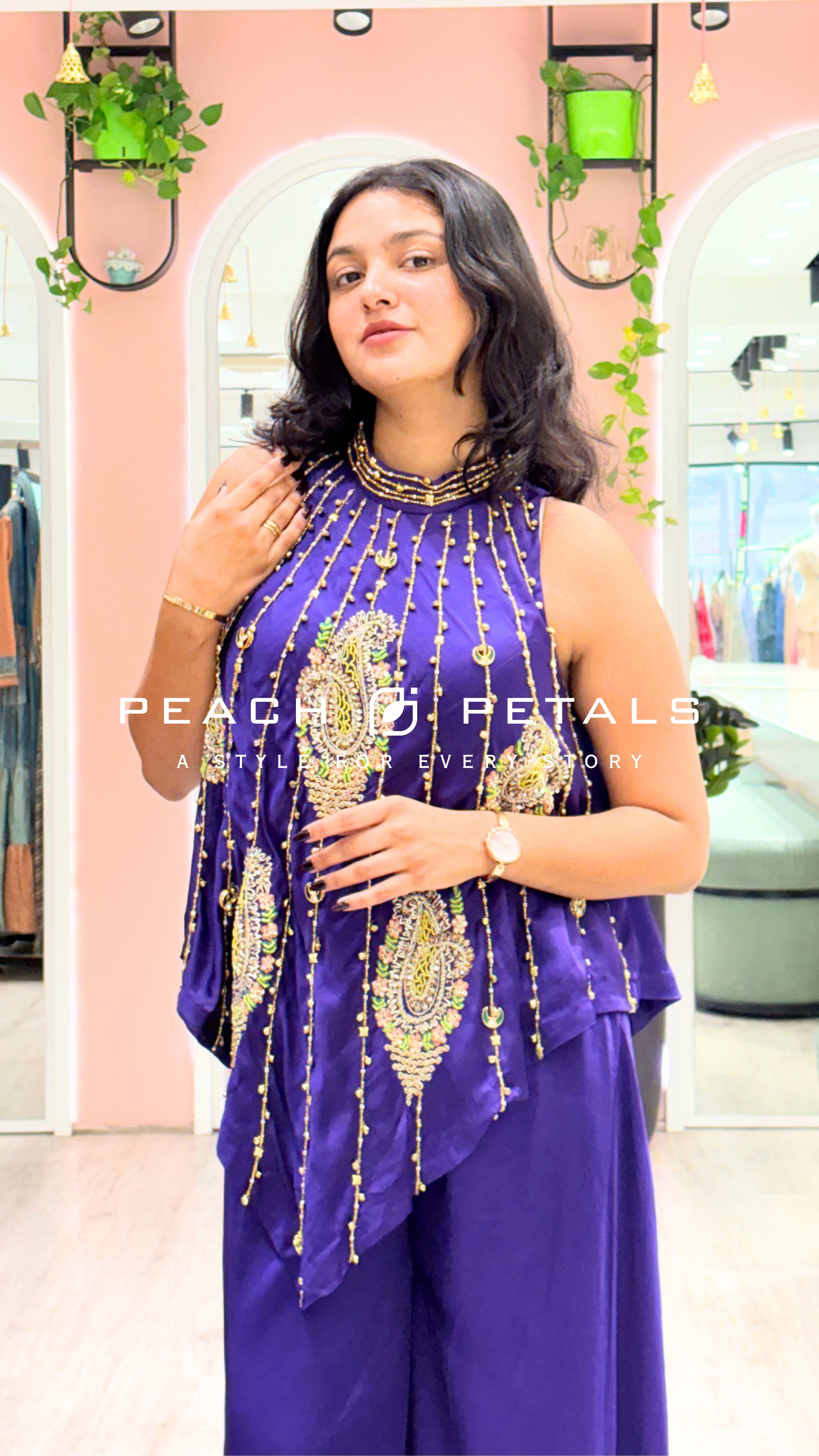 Royal Blue Satin Gown with Golden Embellished Halter Neck