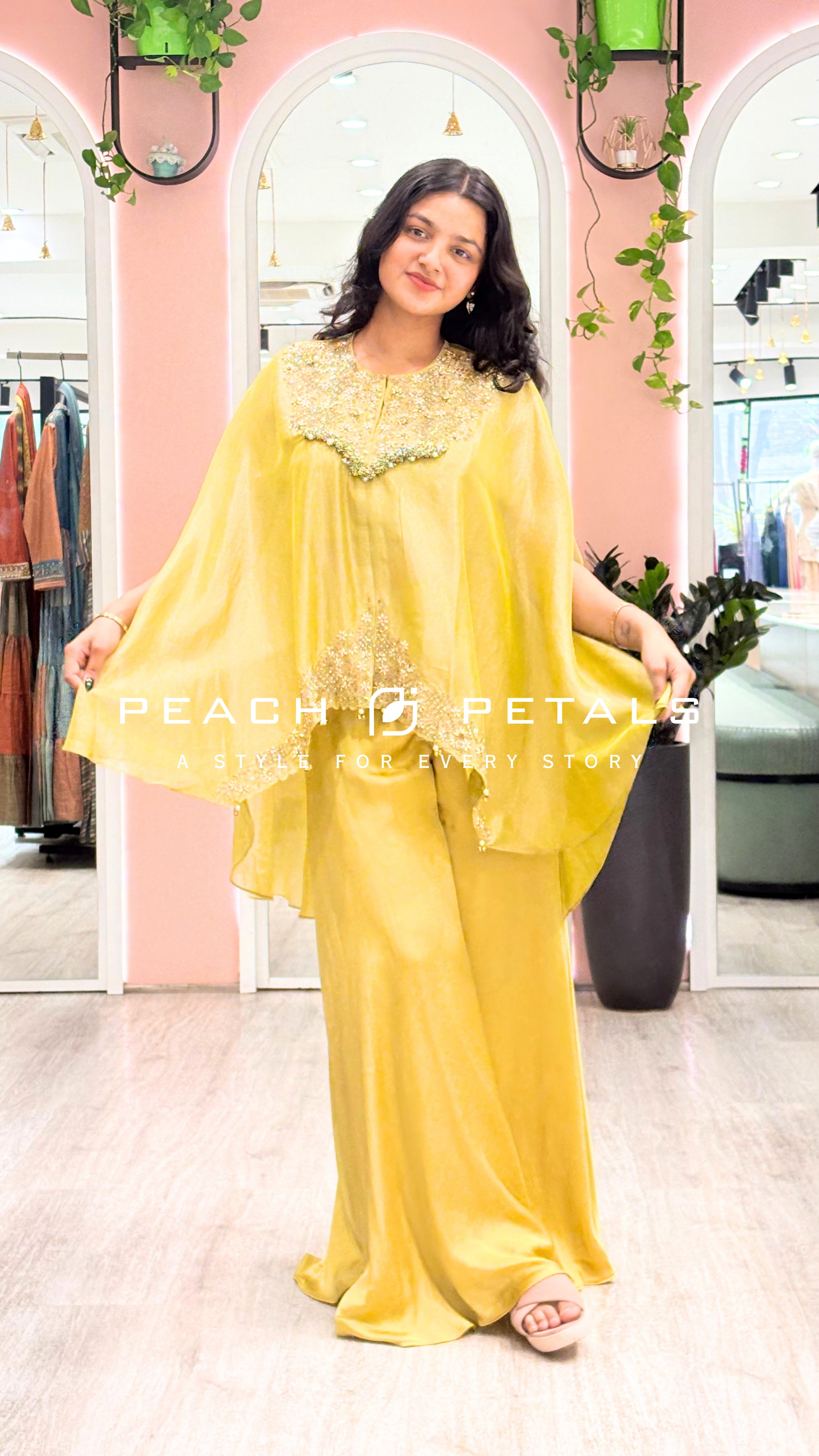 Elegant Yellow Kaftan Palazzo Set with Embellished Neckline