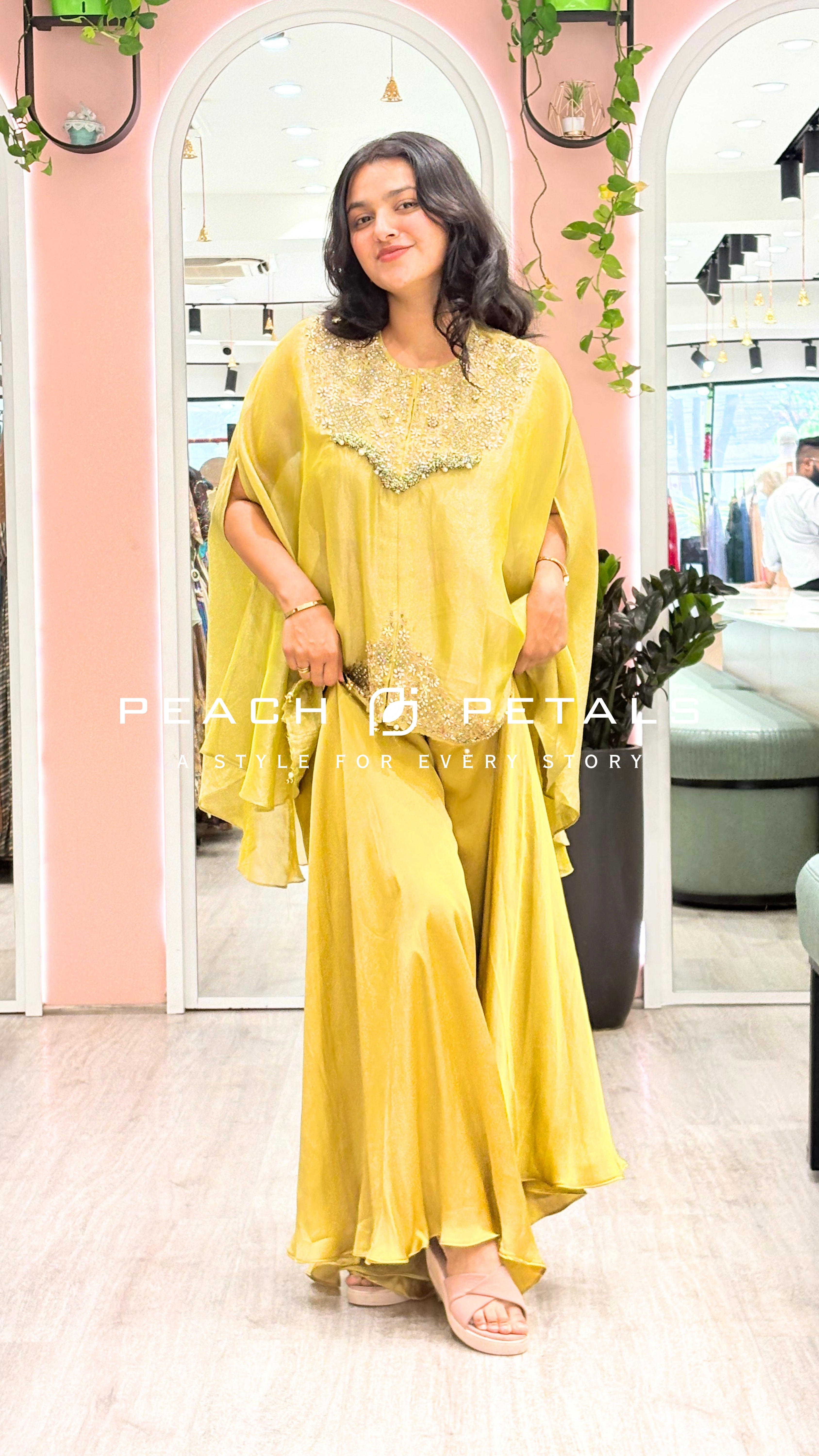 Elegant Yellow Kaftan Palazzo Set with Embellished Neckline