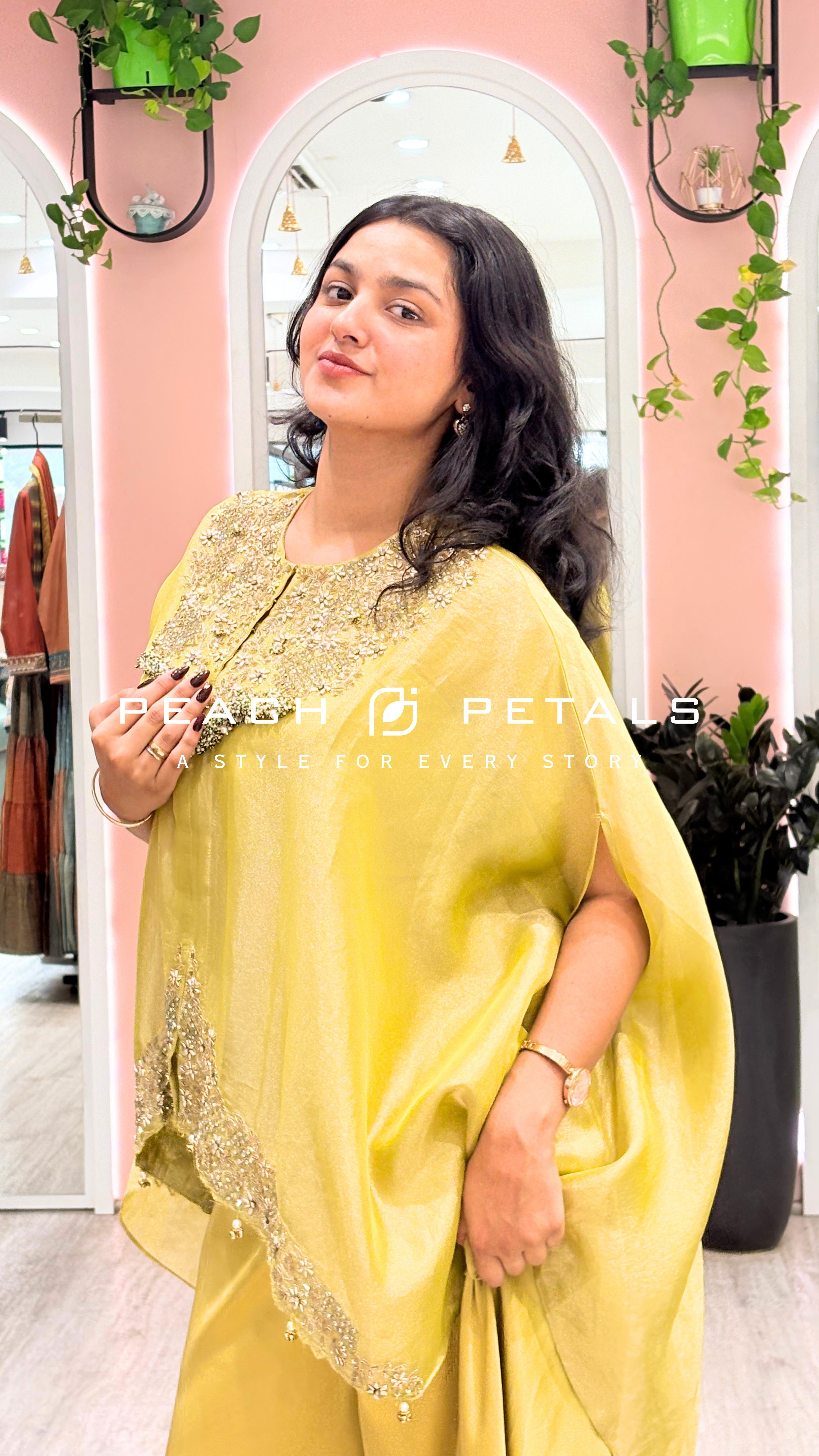 Elegant Yellow Kaftan Palazzo Set with Embellished Neckline