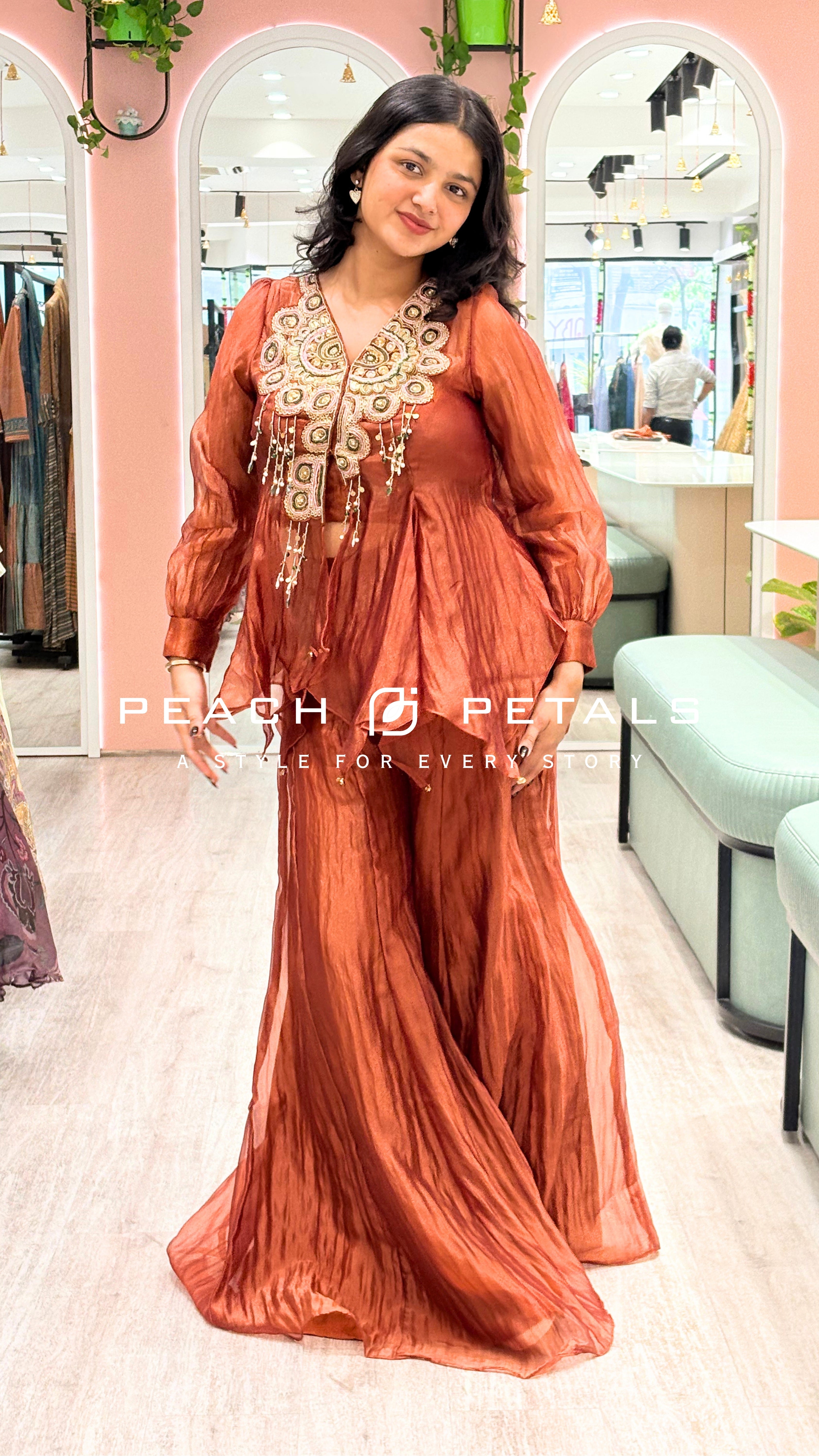 Rust Orange Embellished Palazzo Set with Flared Pants