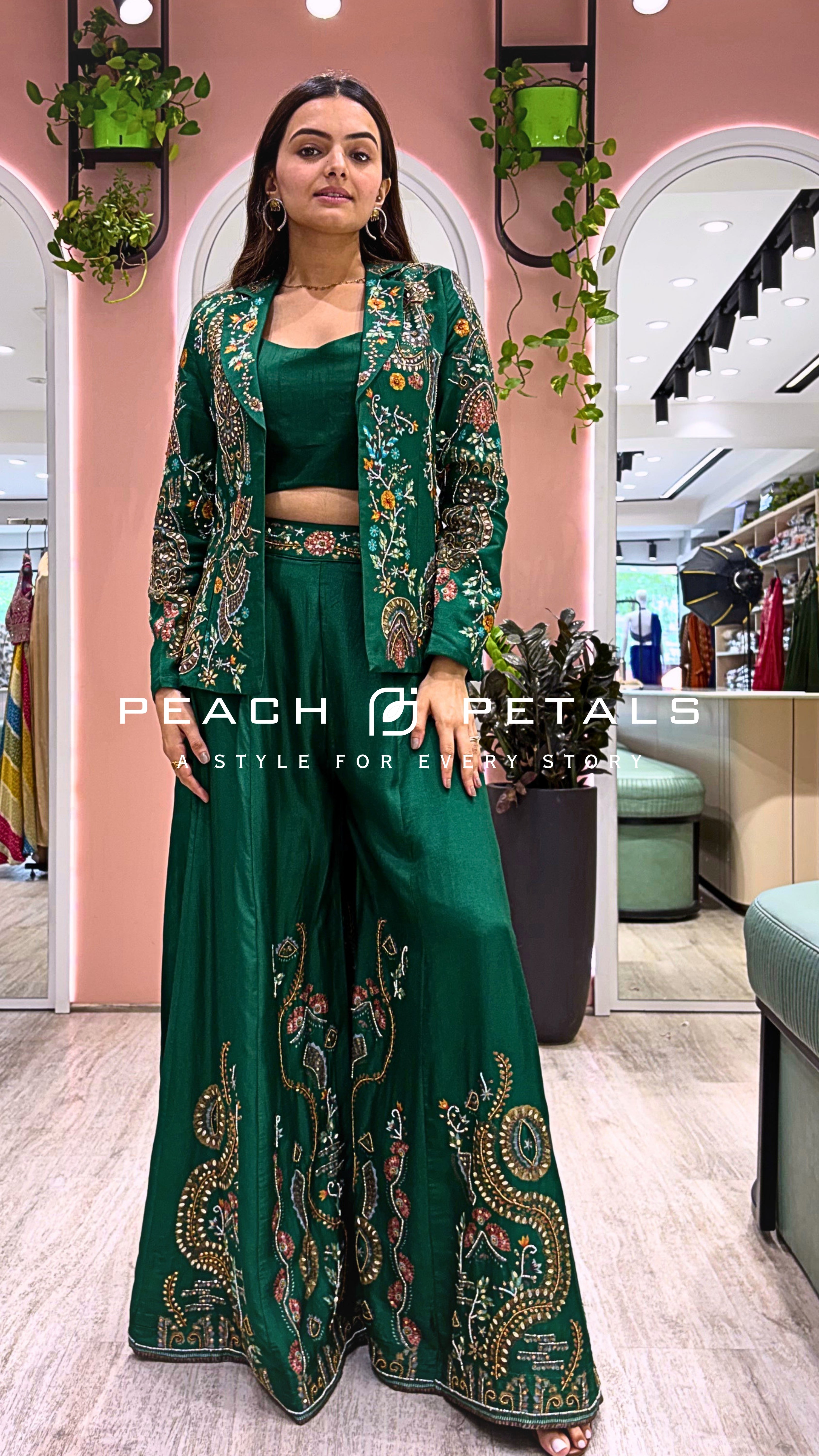 : Elegant Emerald Green Embroidered Palazzo Set with Jacket