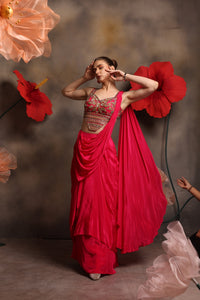 Rani Pink Embroidered Draped Saree Gown with Blouse | Wedding & Sangeet Wear