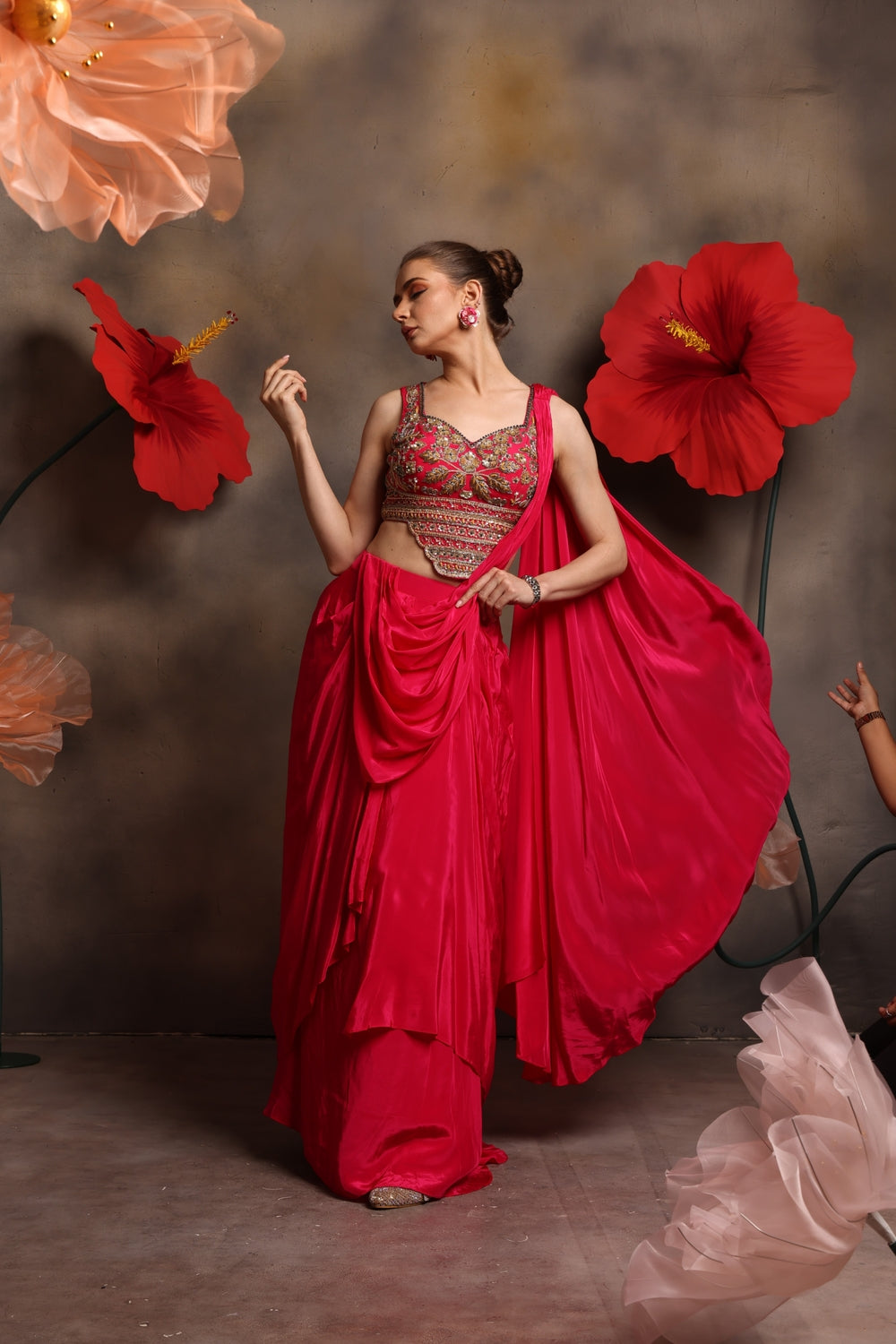 Designer Pink Drape Saree with Embroidered Blouse