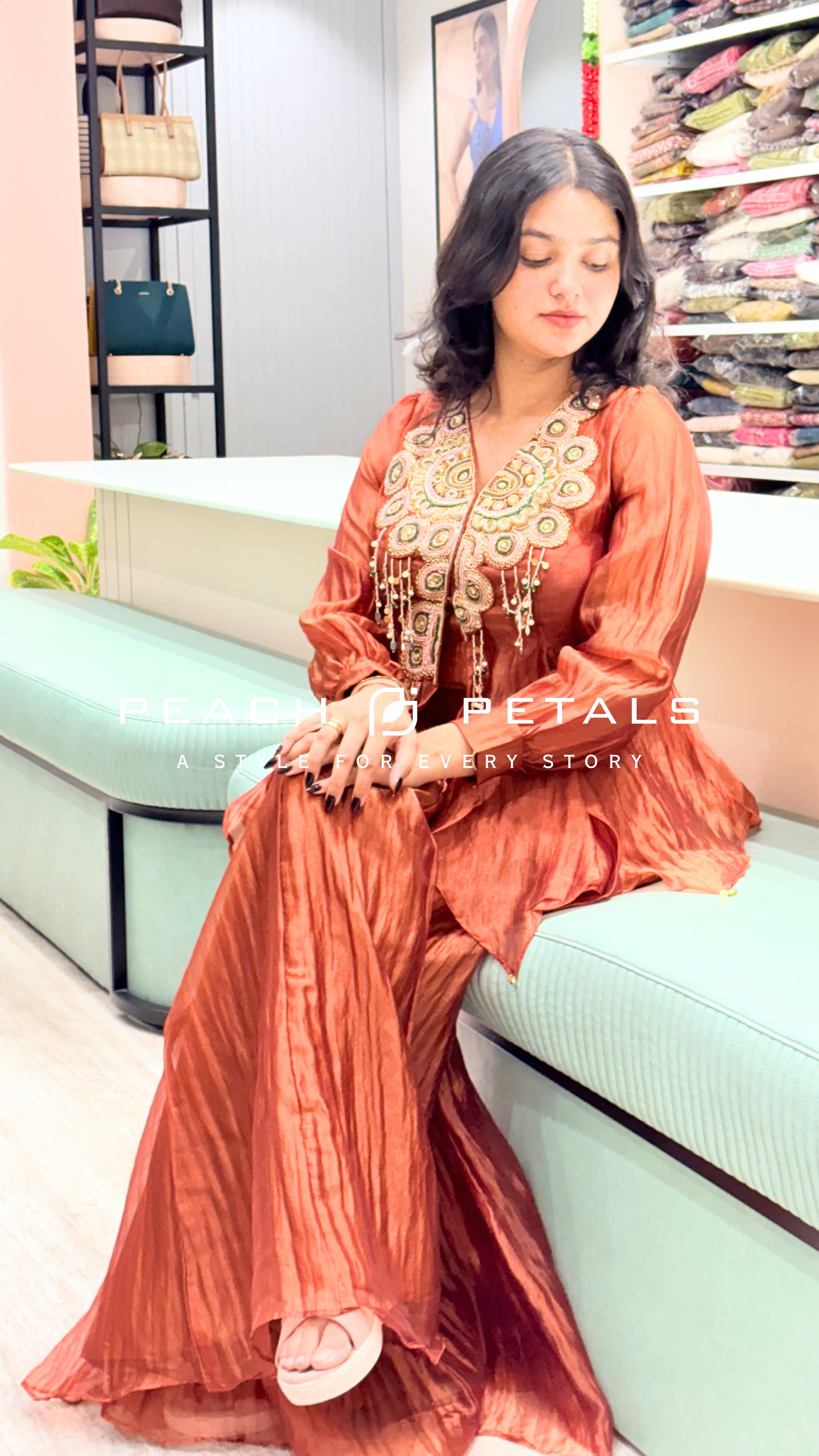 Rust Orange Embellished Palazzo Set with Flared Pants