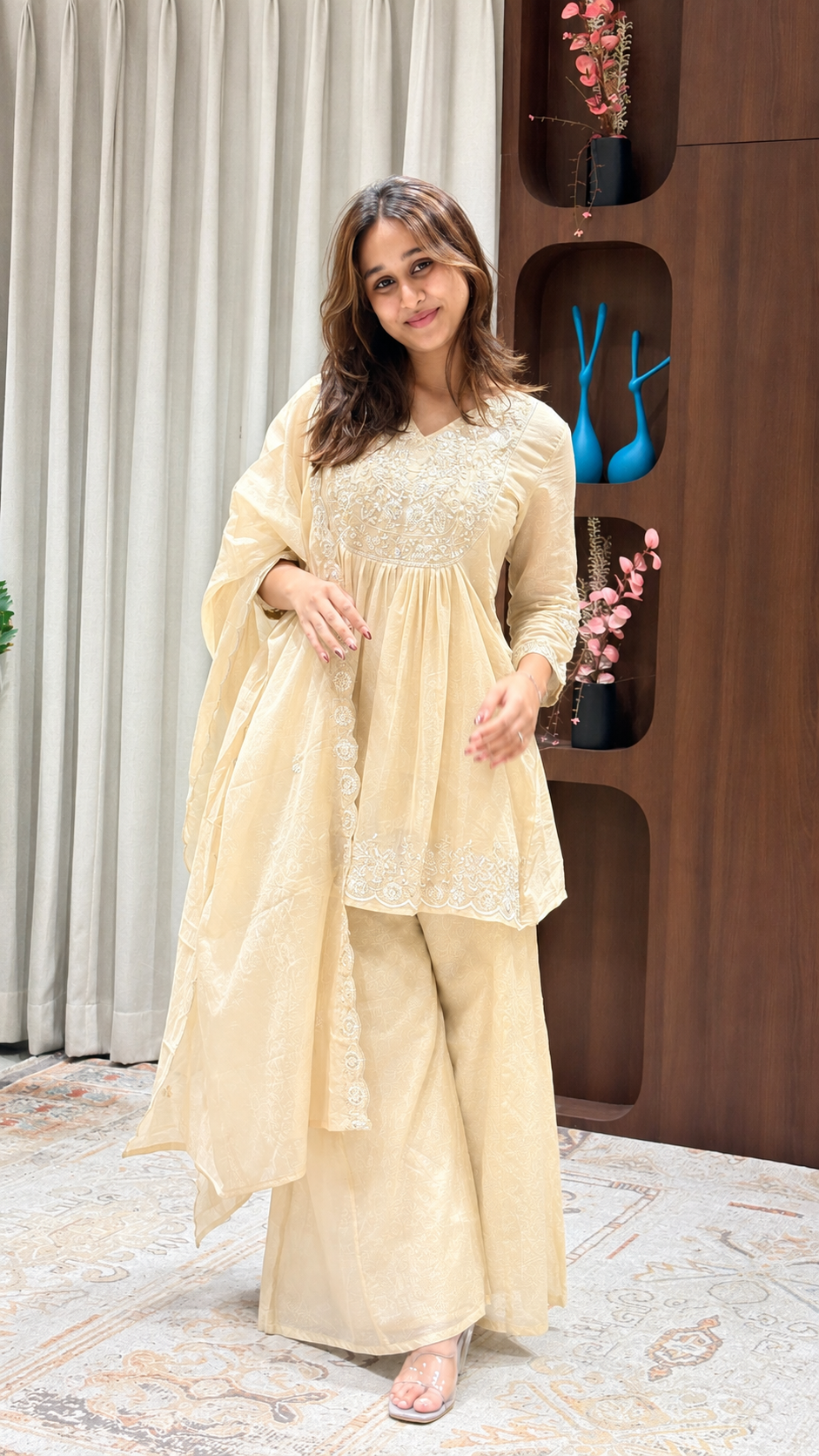 Cream Embroidered Anarkali Palazzo Set