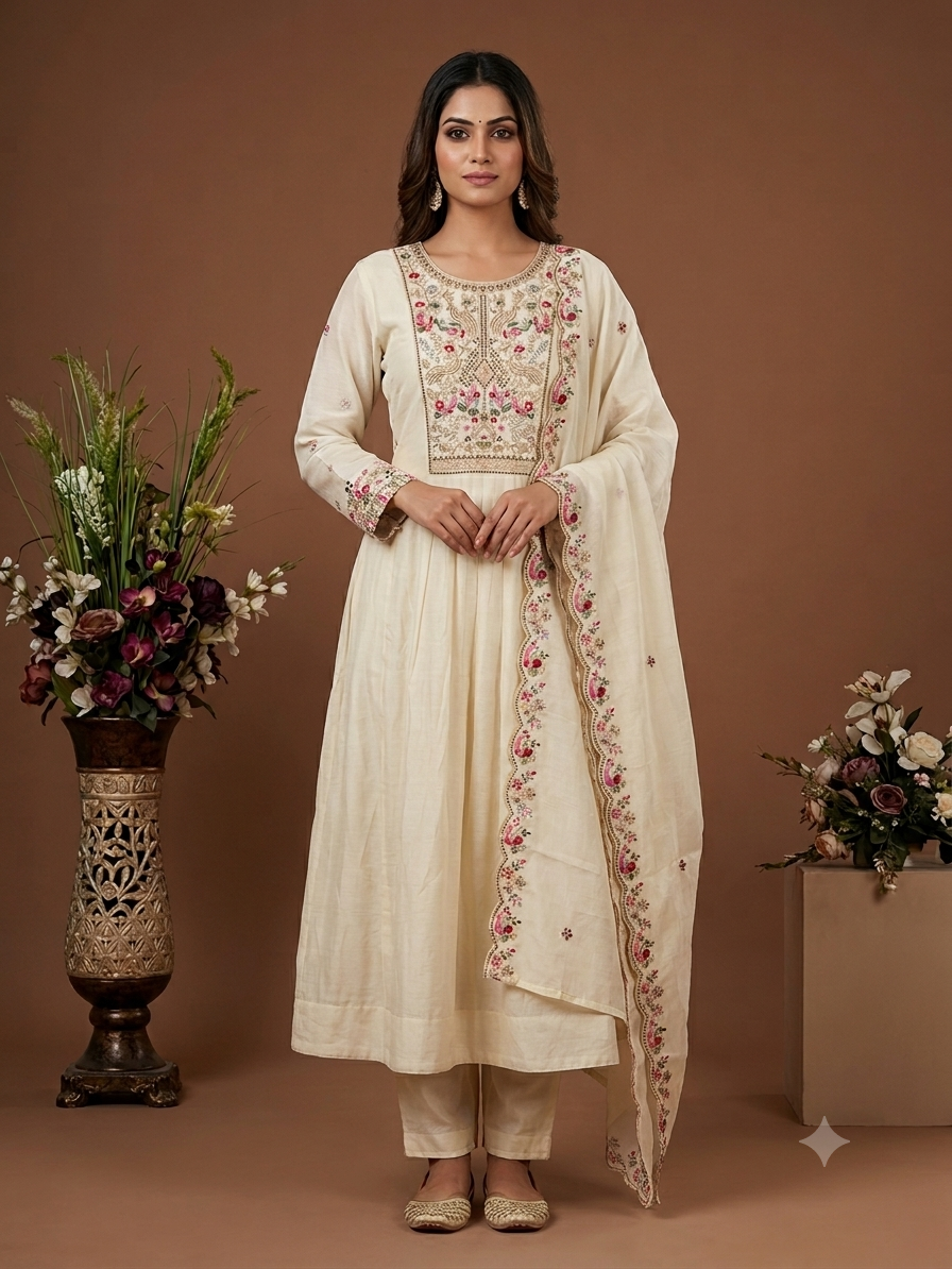 Ivory Floral Embroidered Anarkali Set