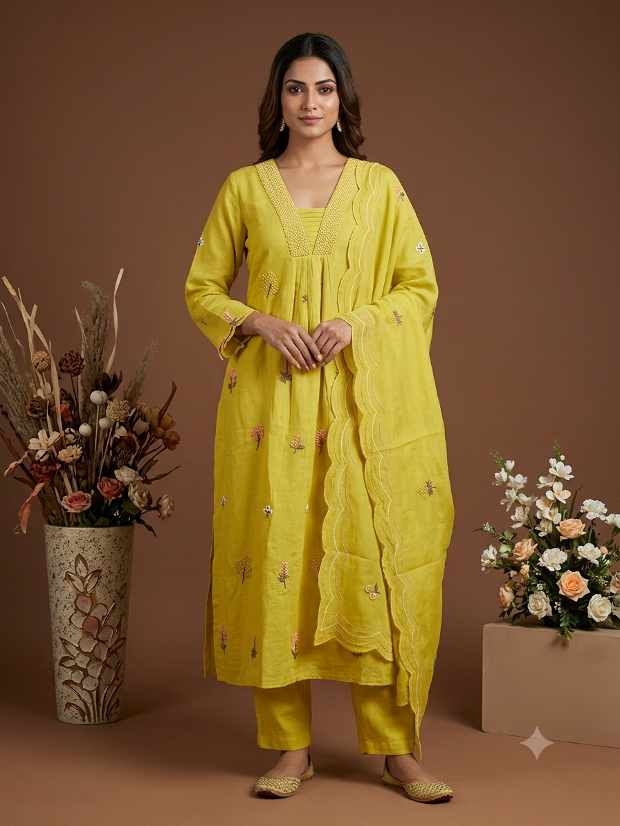 Mustard Yellow Embroidered Anarkali Set