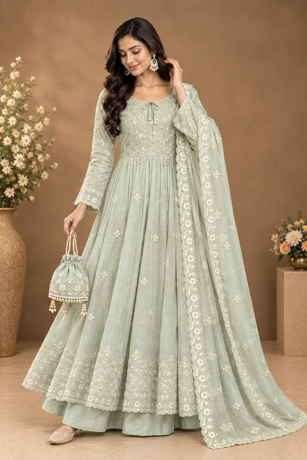 Sage Green Embroidered Anarkali Set