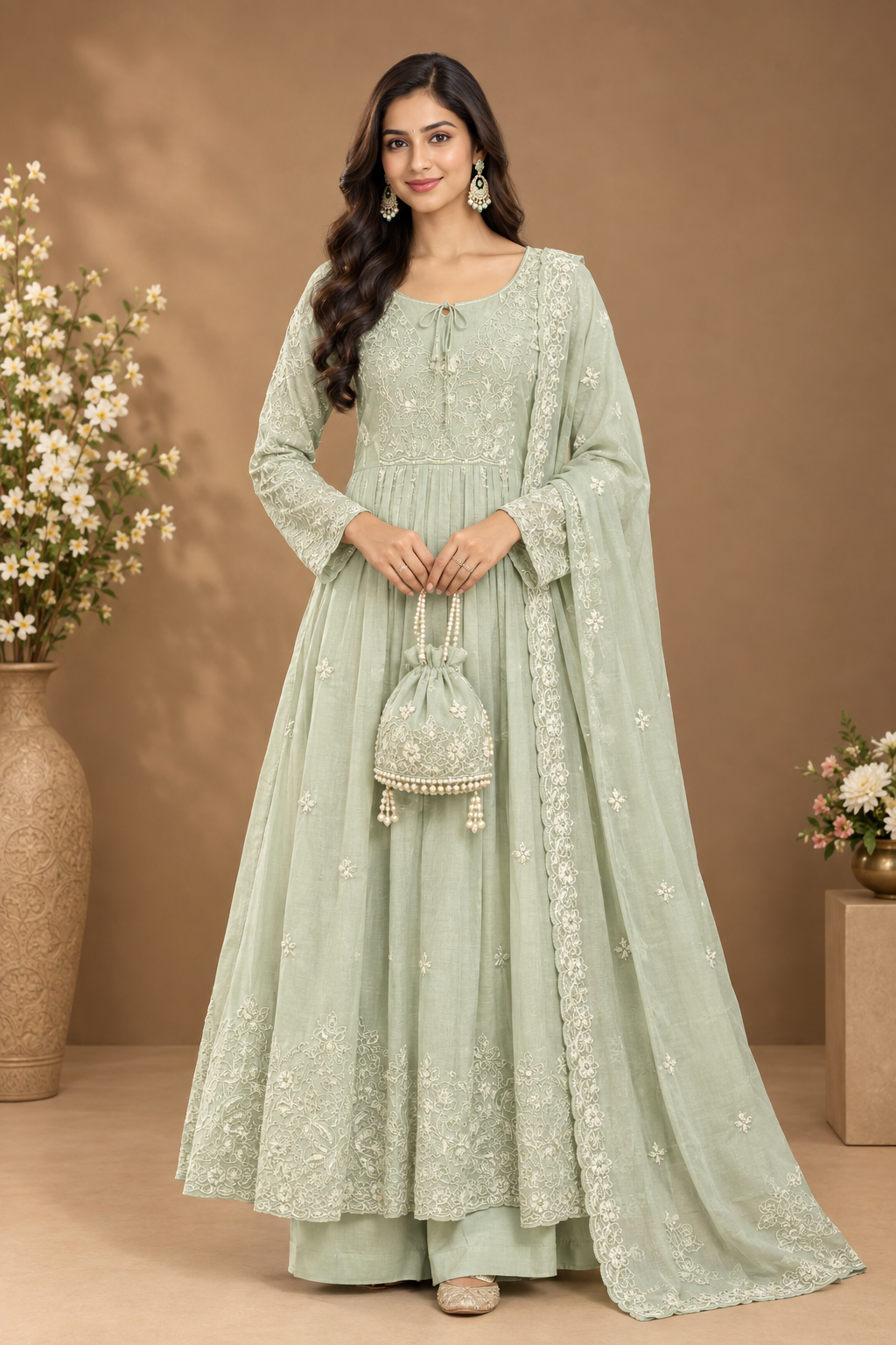 Sage Green Embroidered Anarkali Set