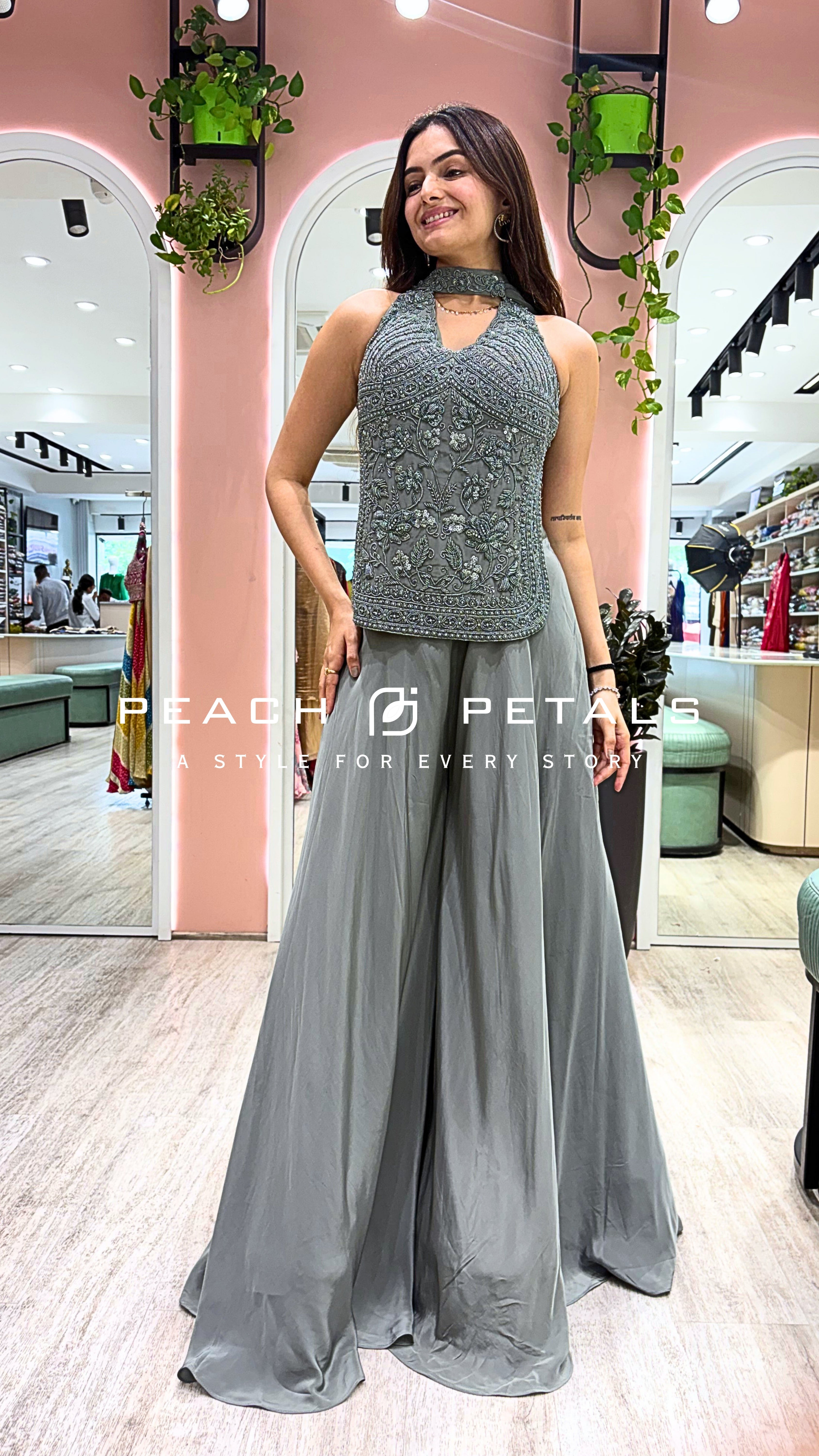 Elegant Grey Embroidered Halter Neck Gown