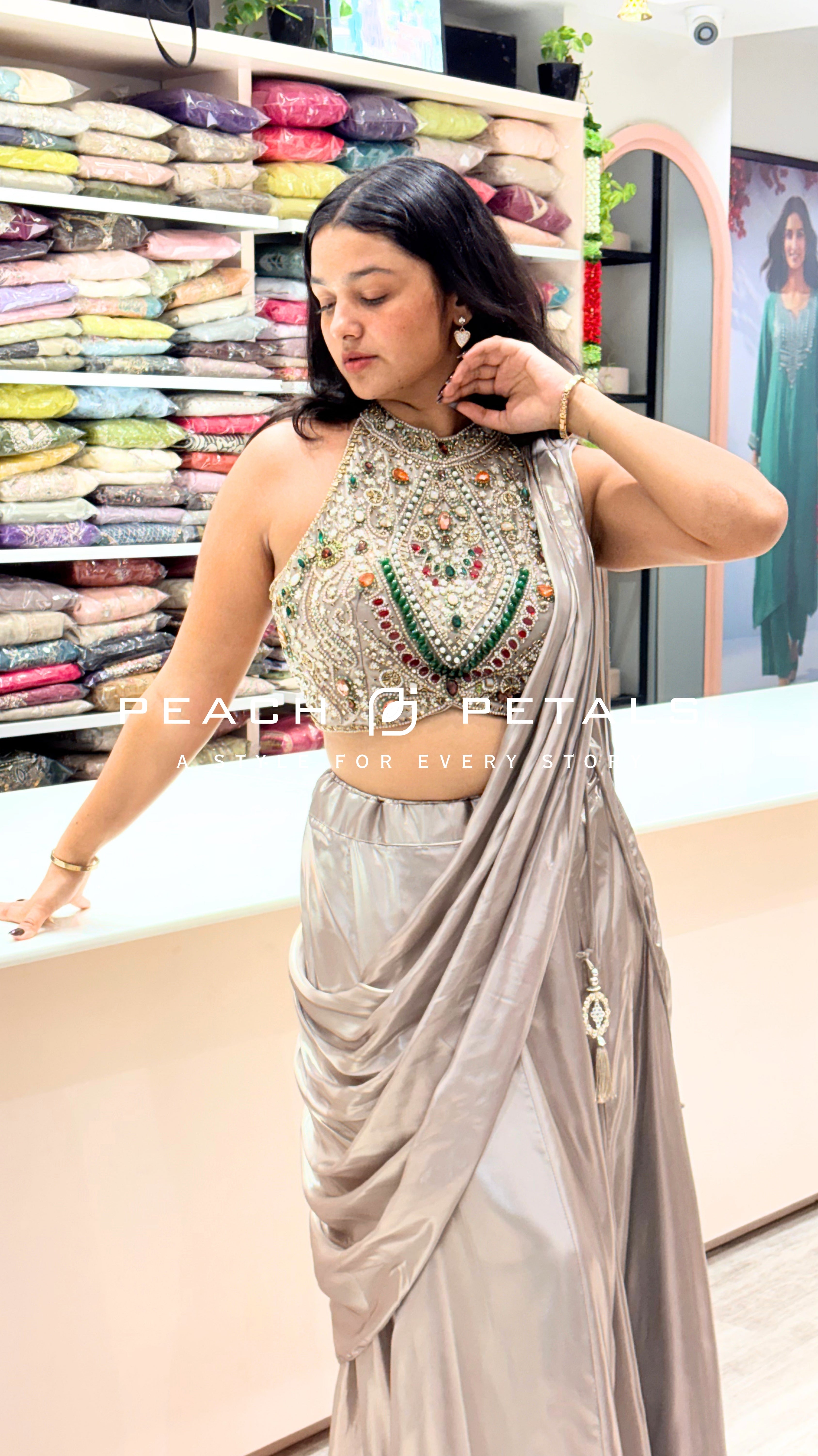 Elegant Champagne Satin Saree with Embellished Blouse