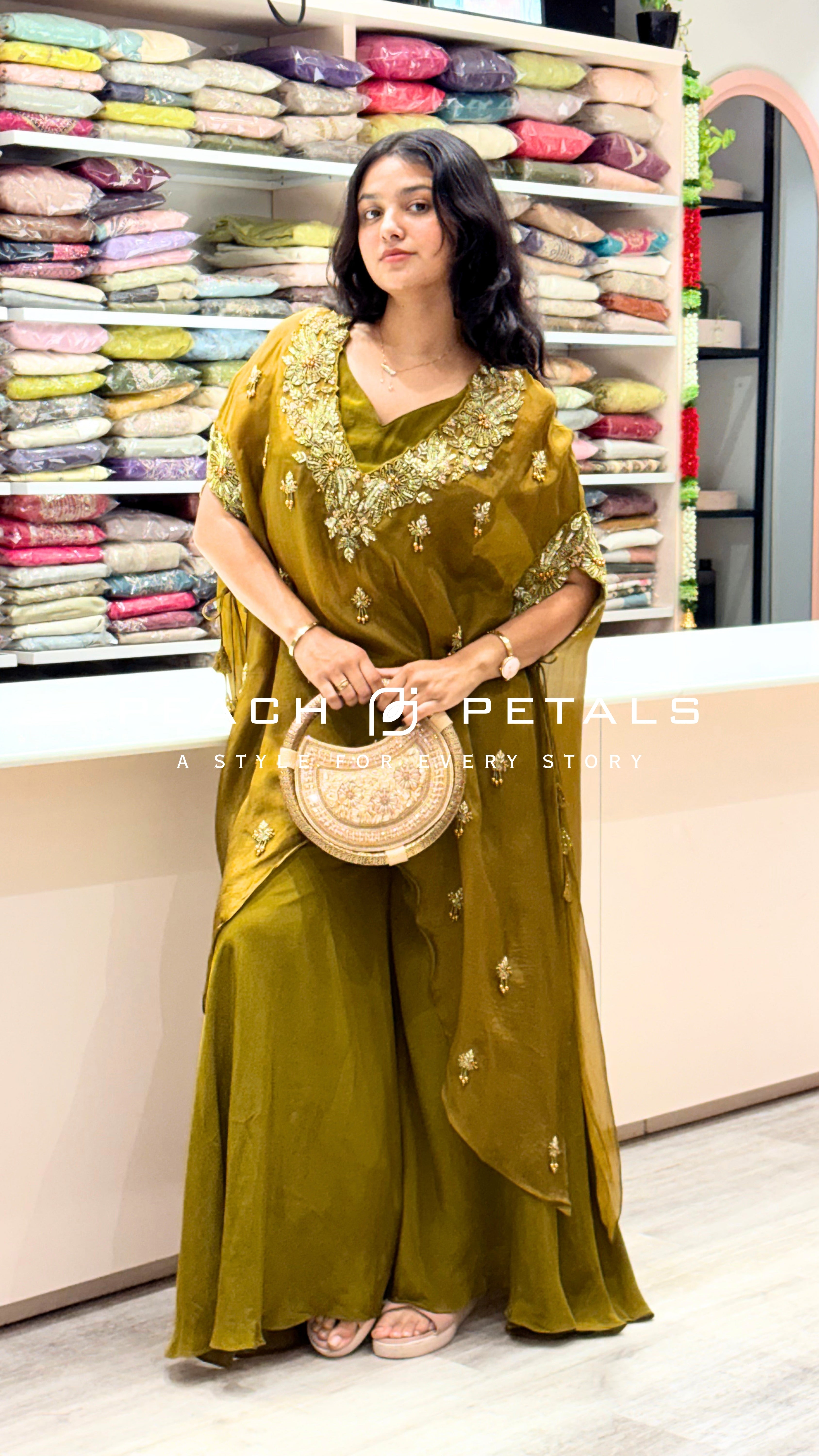 Elegant Olive Green Palazzo Set with Embellished Cape