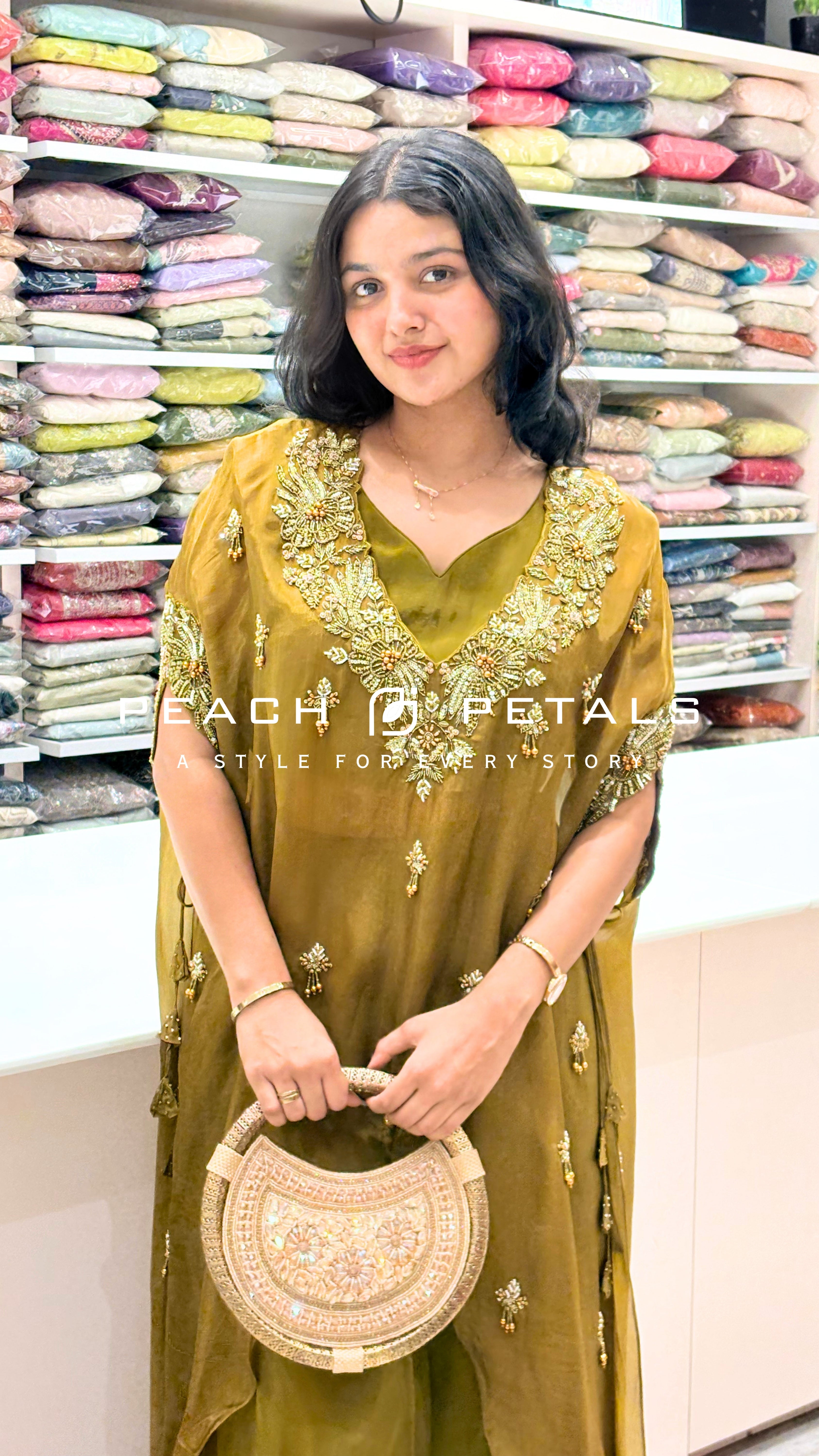 Elegant Olive Green Palazzo Set with Embellished Cape