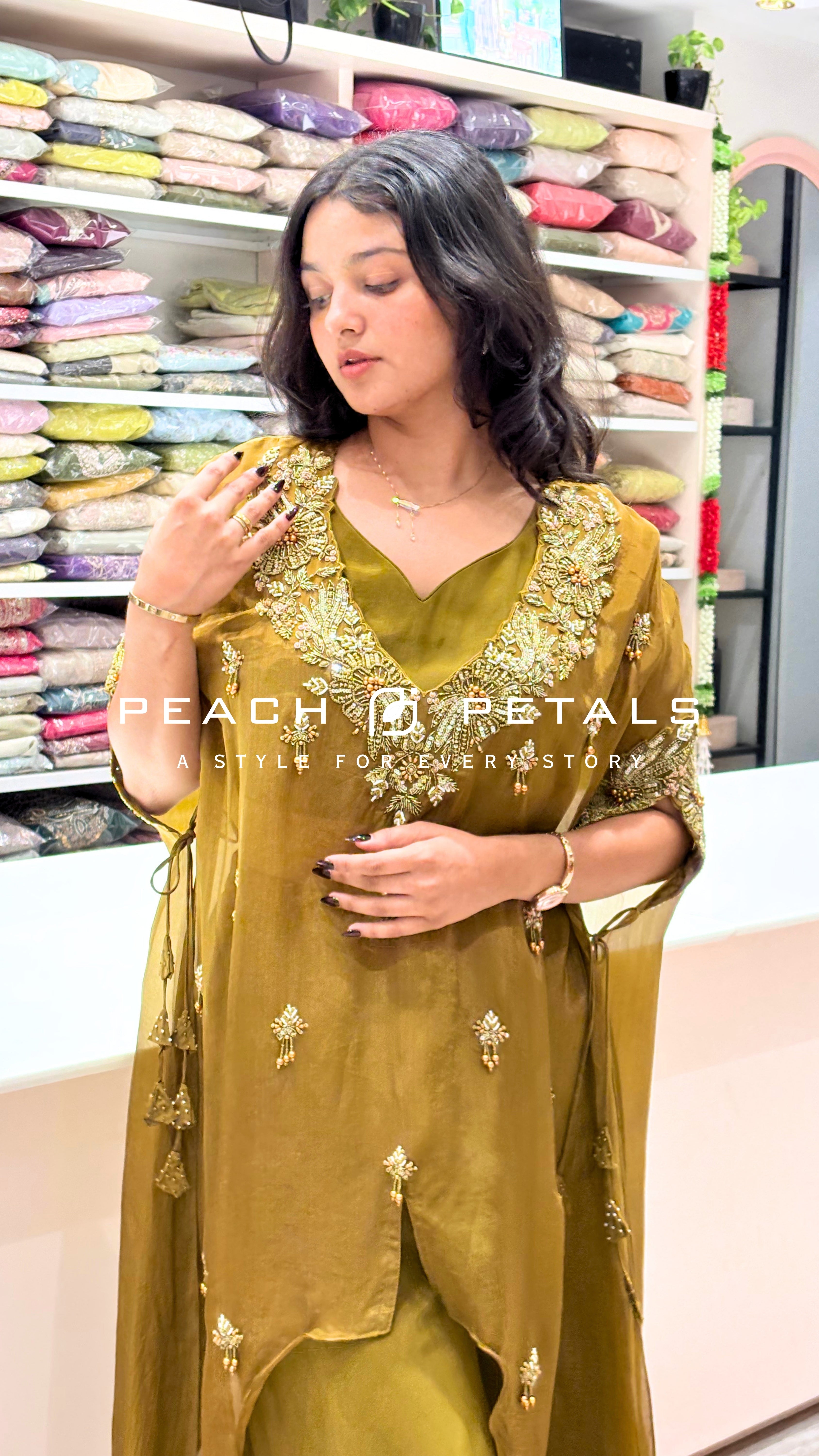 Elegant Olive Green Palazzo Set with Embellished Cape