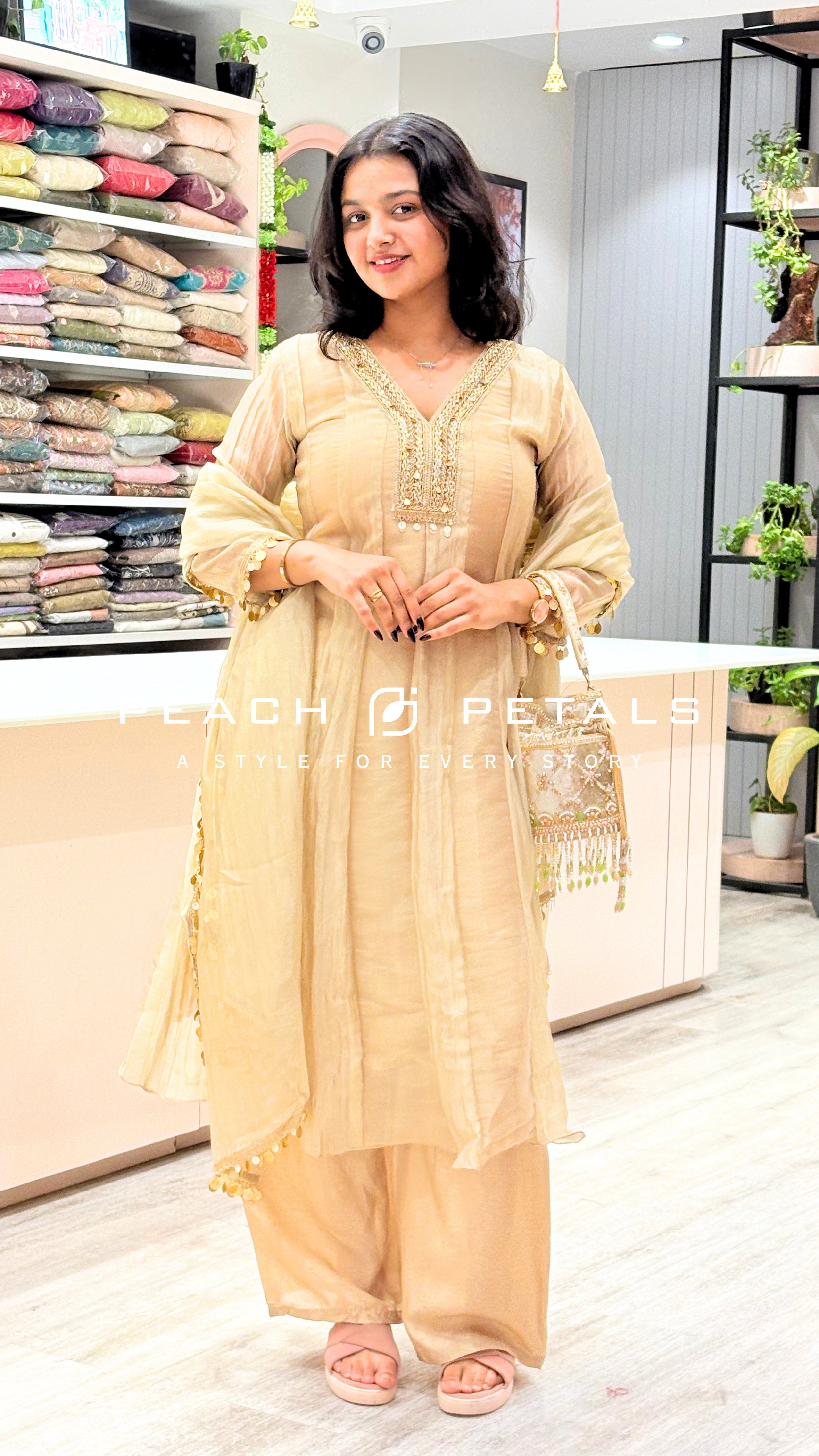 Elegant Champagne Beige Palazzo Suit Set with Embellished Dupatta