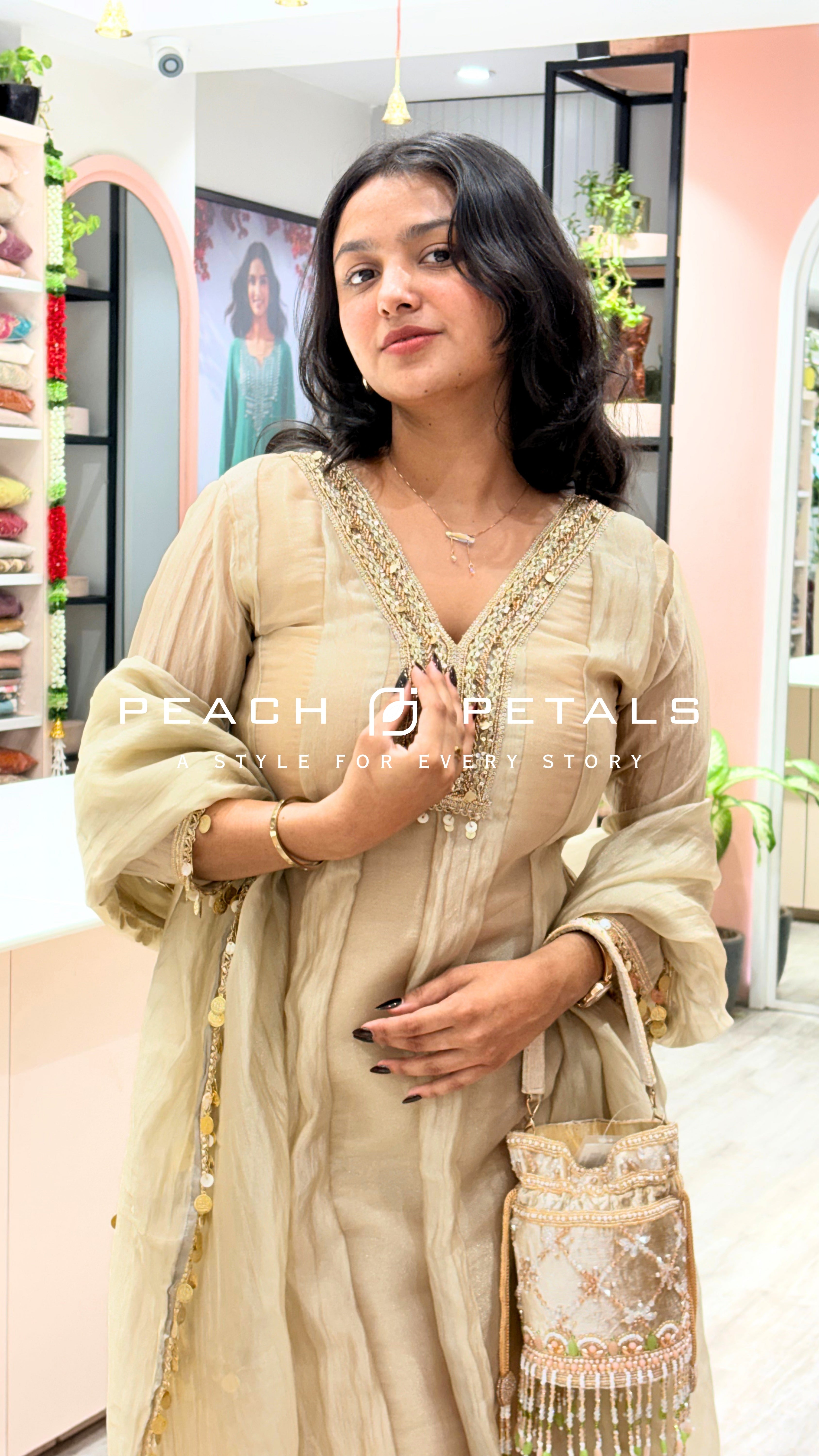 Elegant Champagne Beige Palazzo Suit Set with Embellished Dupatta