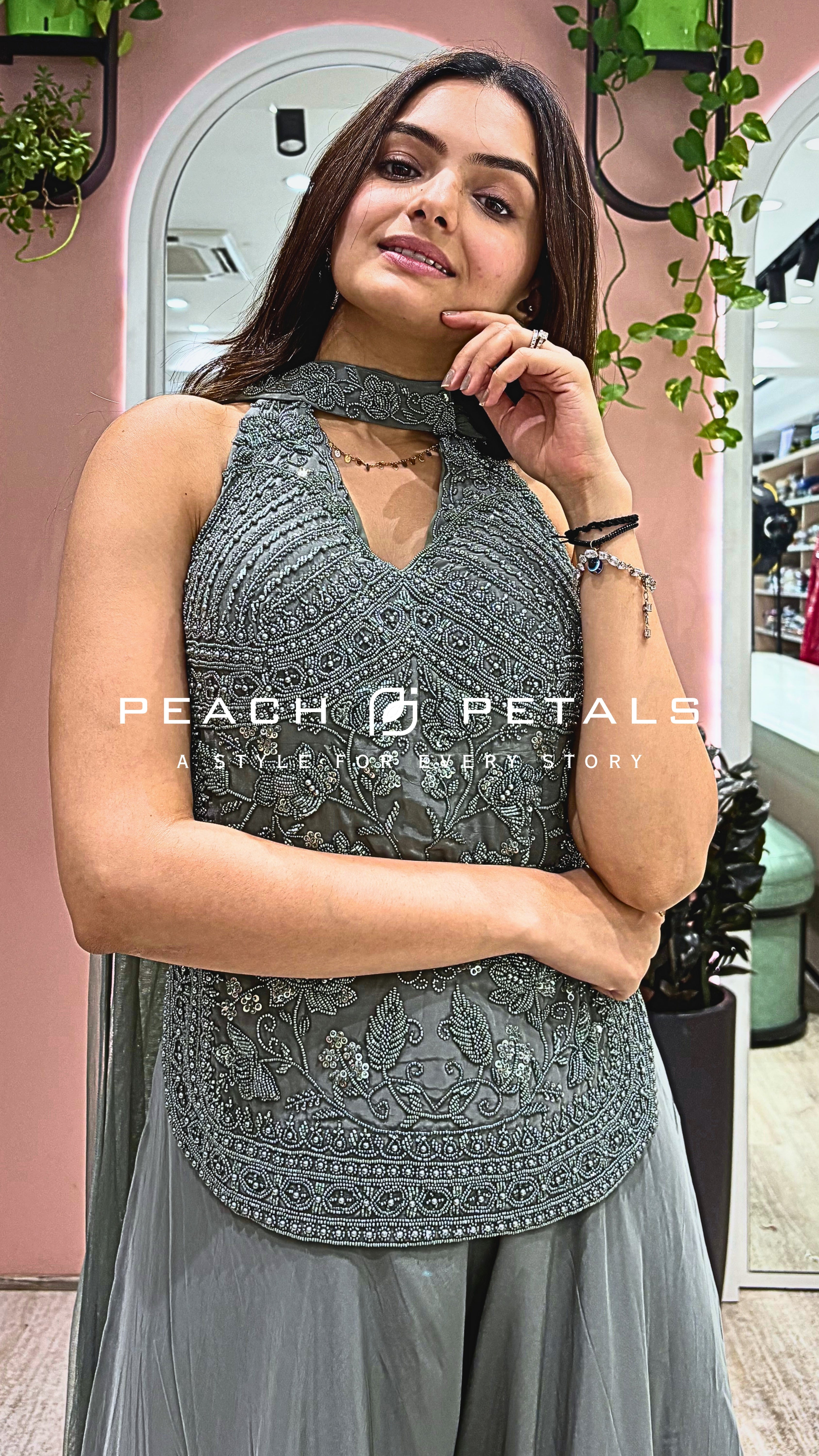 Elegant Grey Embroidered Halter Neck Gown
