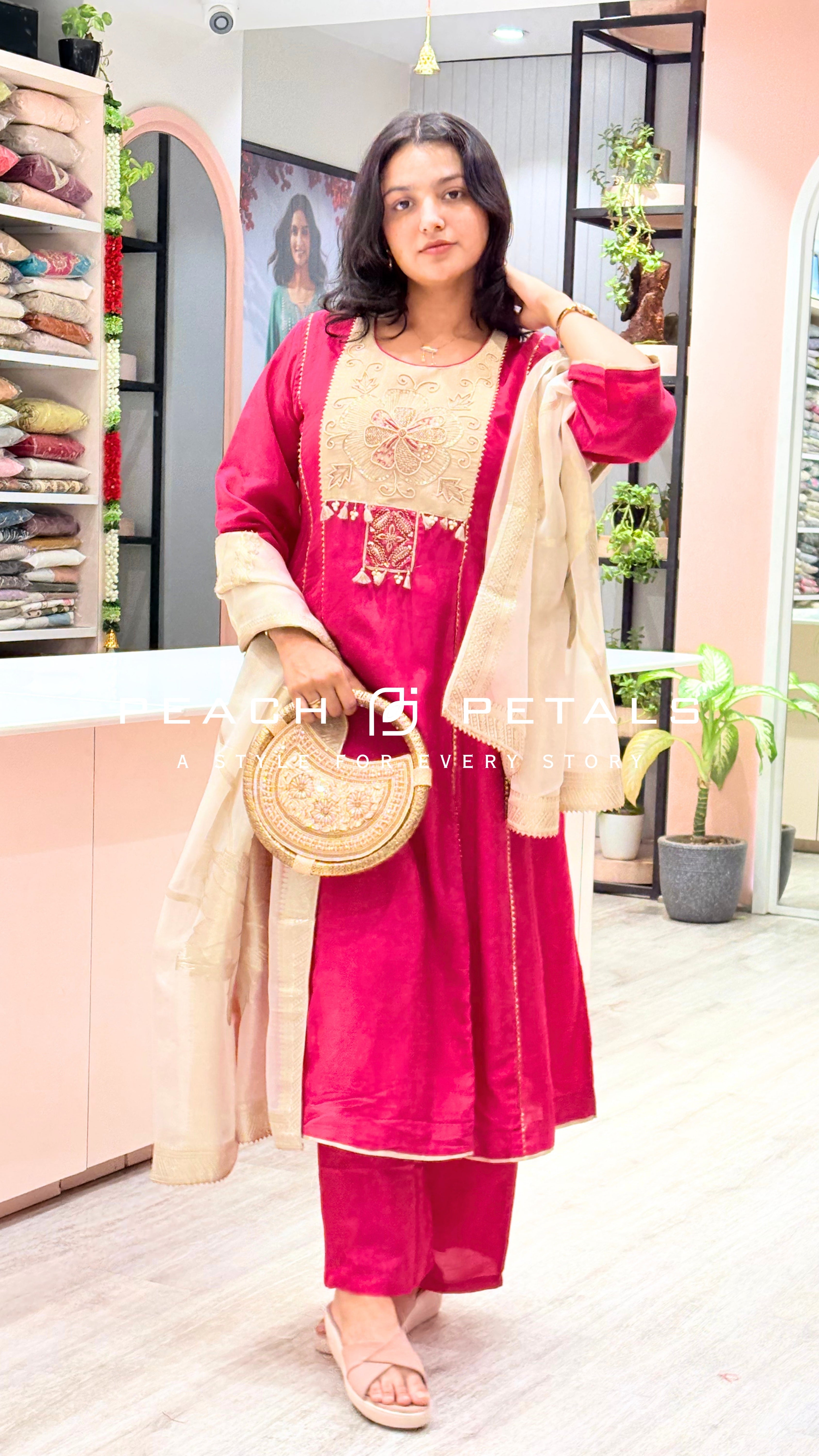 Elegant Rani Pink Embroidered Kurta Pant Set with Dupatta