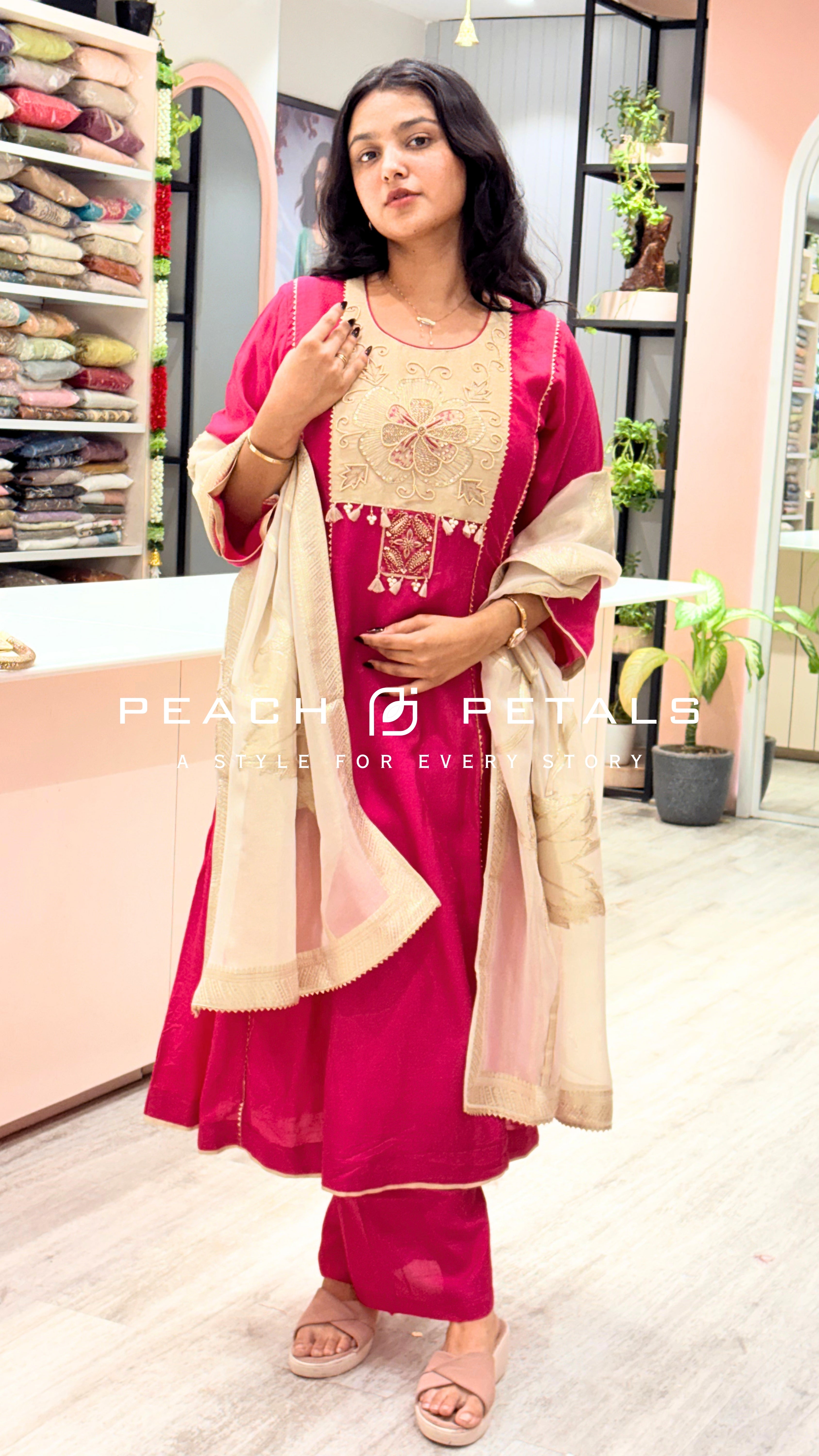 Elegant Rani Pink Embroidered Kurta Pant Set with Dupatta