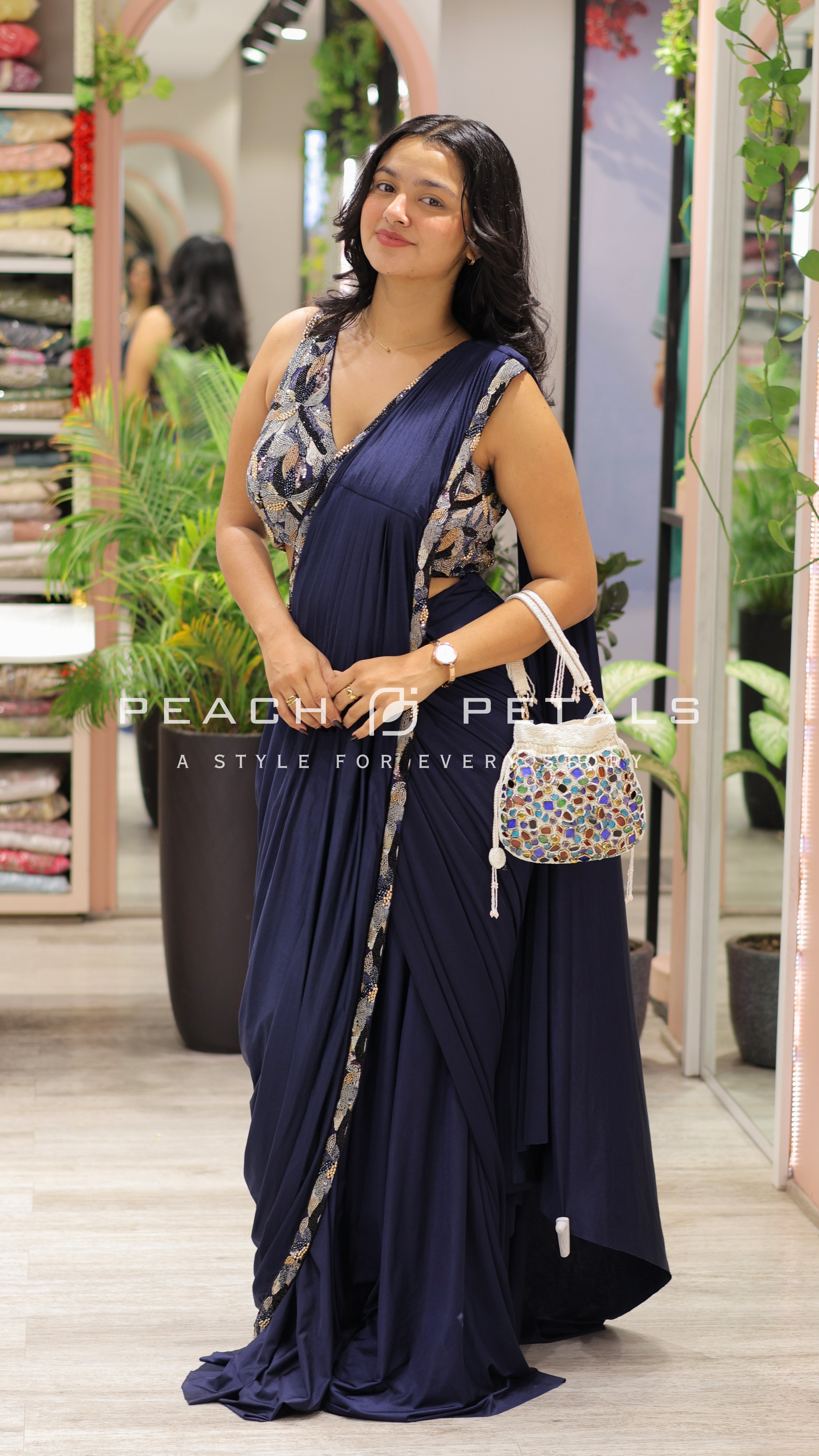 Elegant Navy Blue Embellished Saree