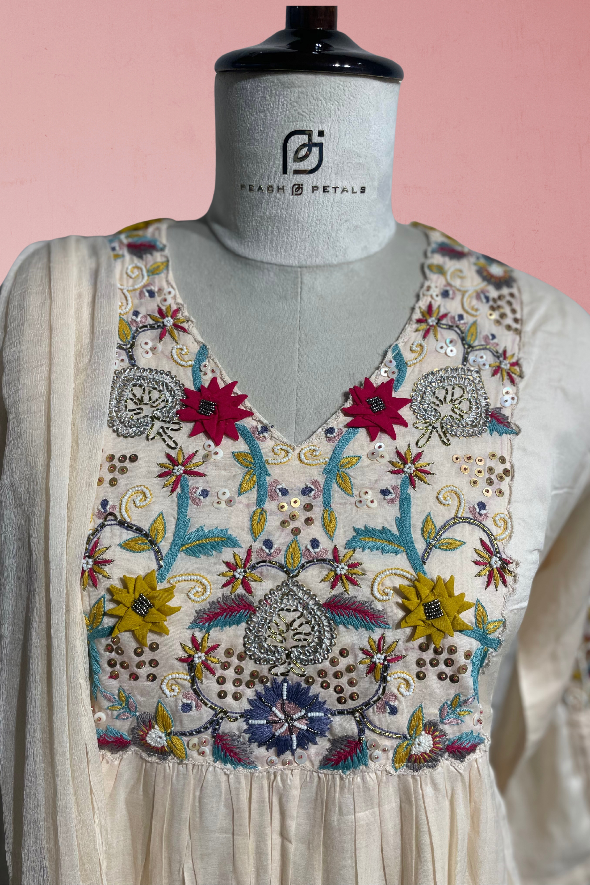 Off-White Tusser Silk Pearl Work Salwar Suit
