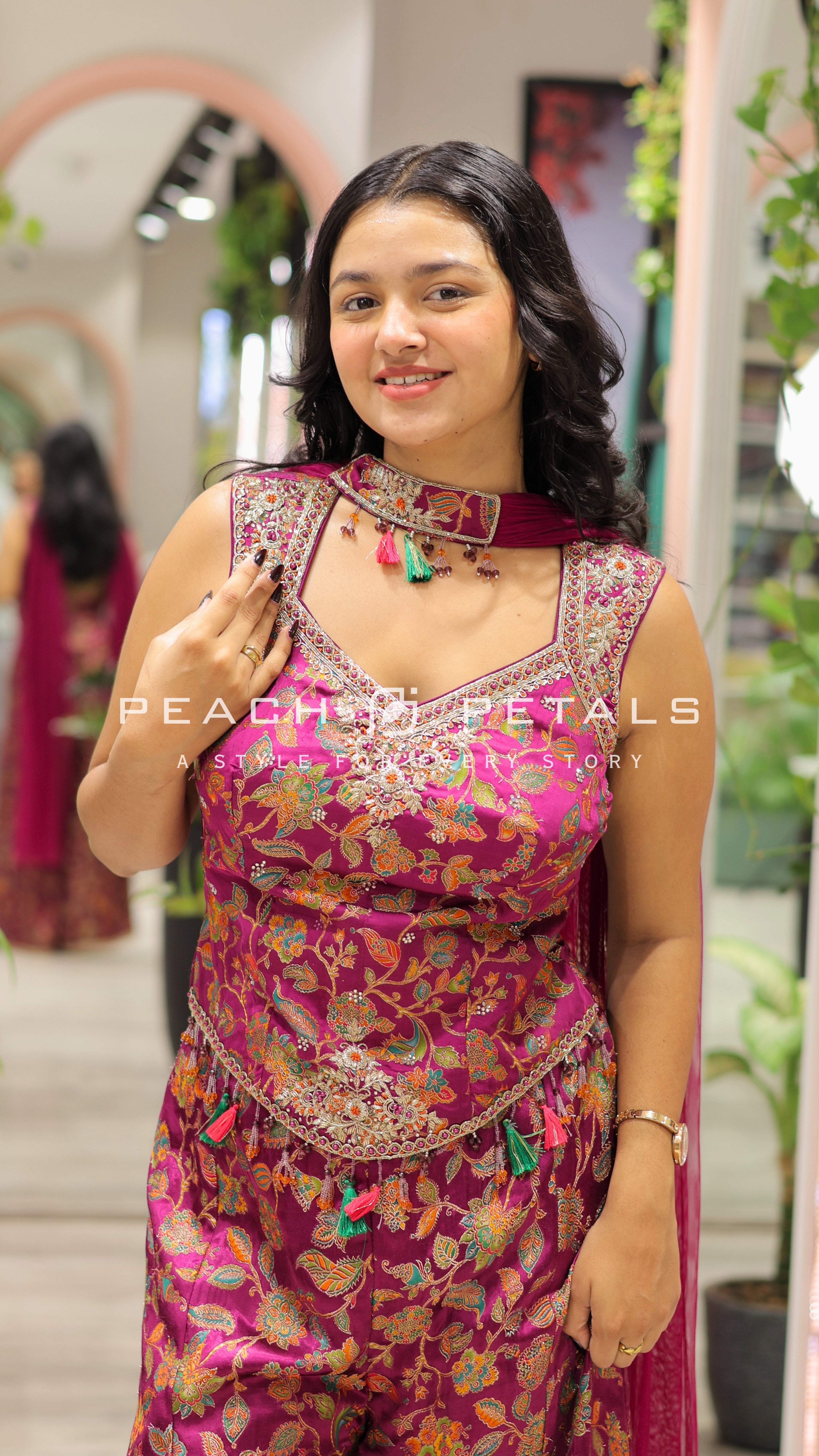 Wine Purple Floral Printed Palazzo Set with Dupatta