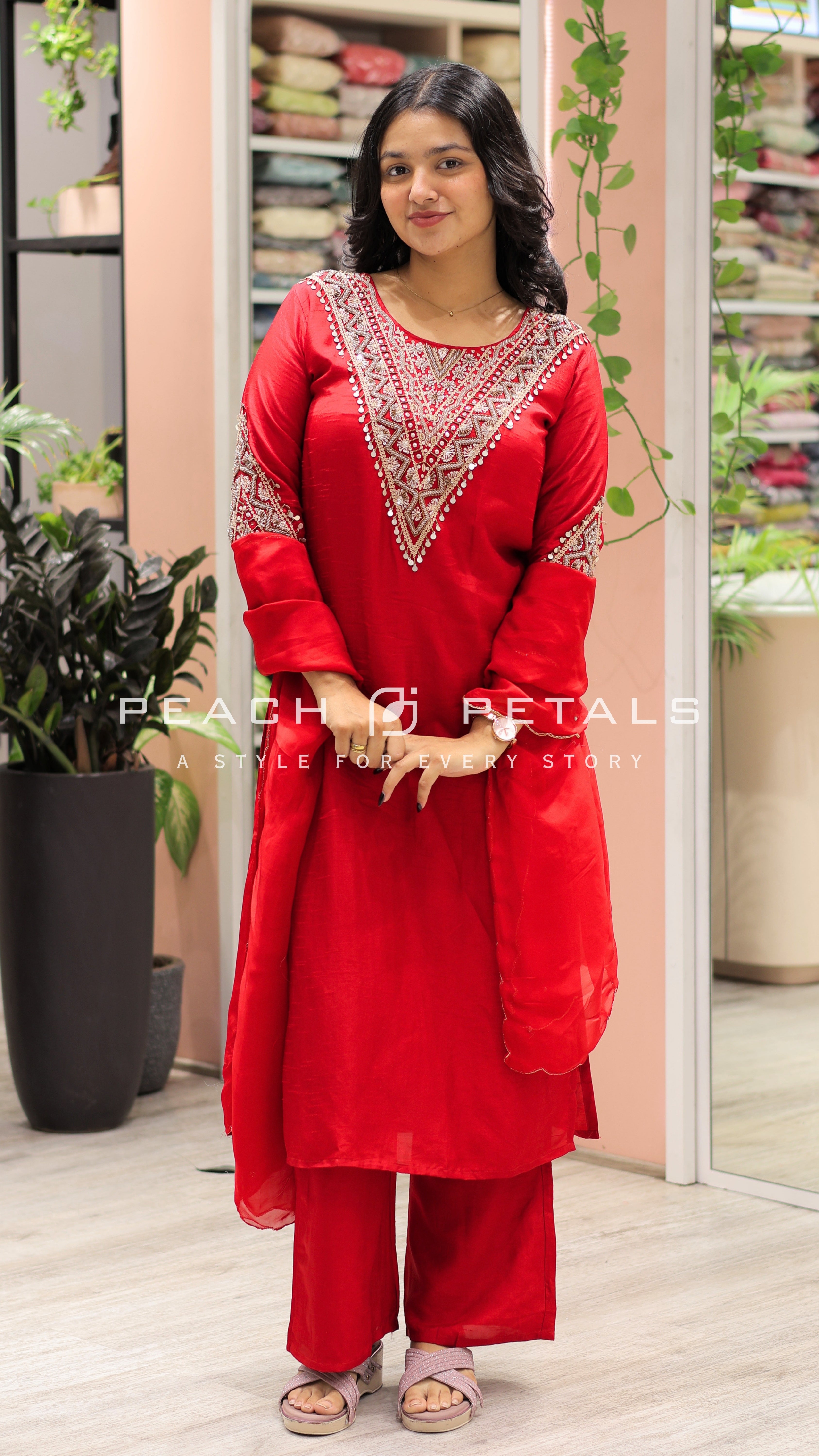 Red Embroidered Palazzo Suit Set