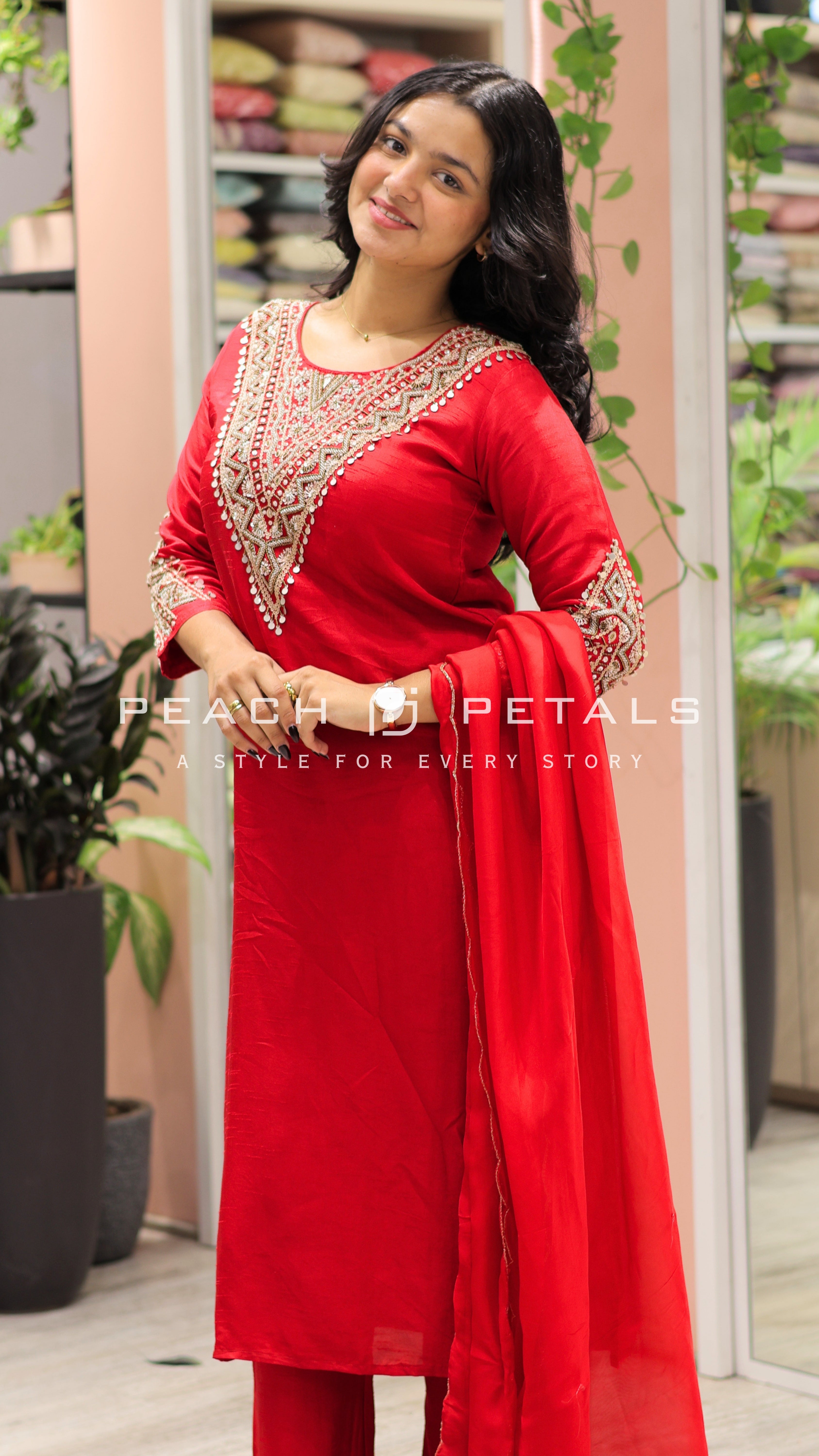 Red Embroidered Palazzo Suit Set