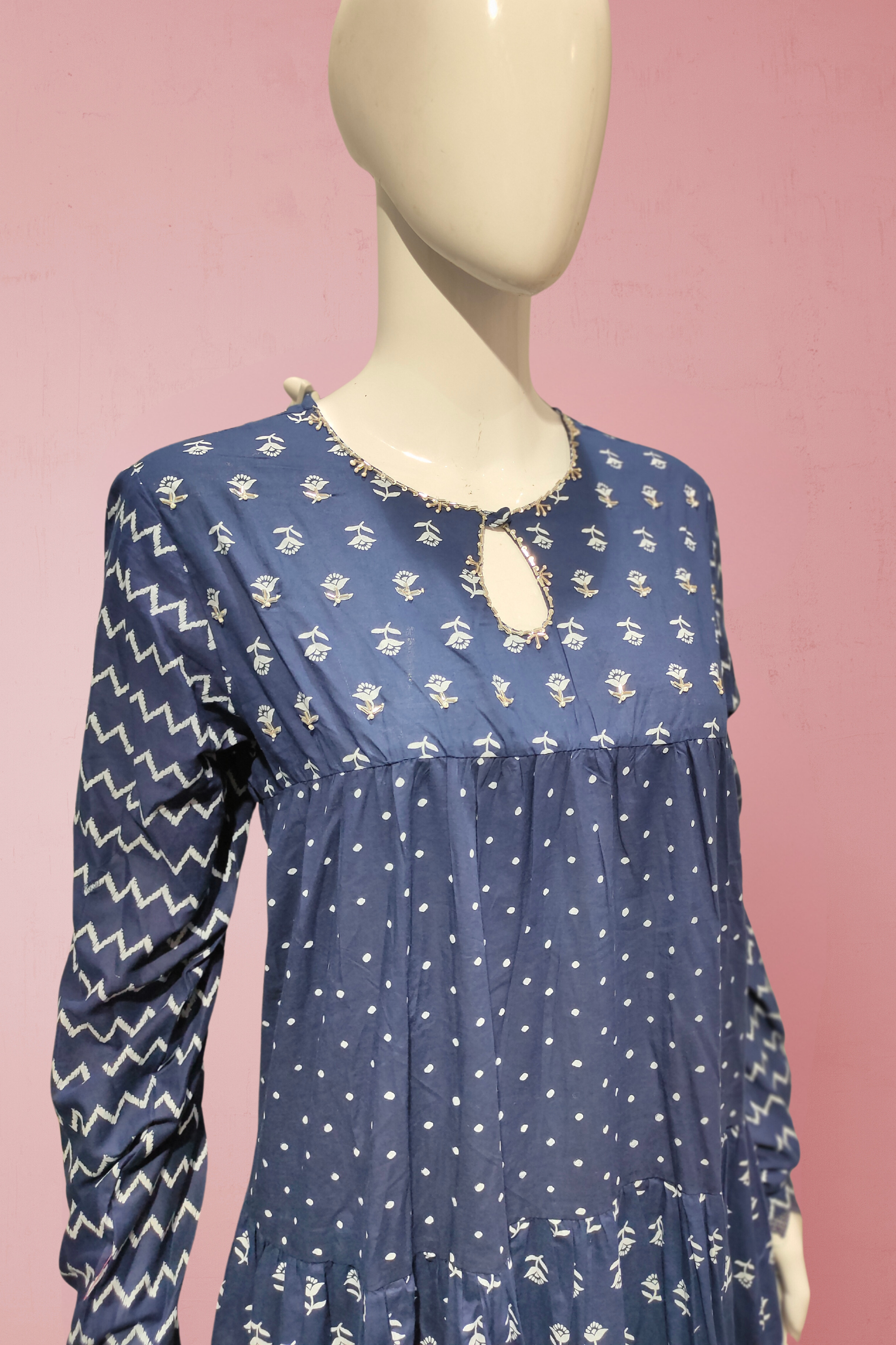Cotton Salwar Suit with Pearl Work and Block Print