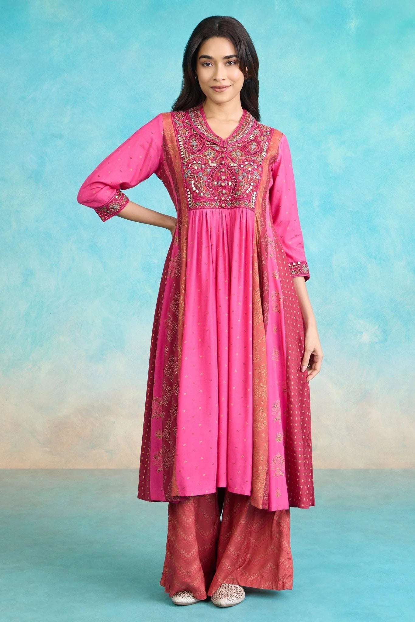 Pink Embroidered Kurta Palazzo Set with Dupatta