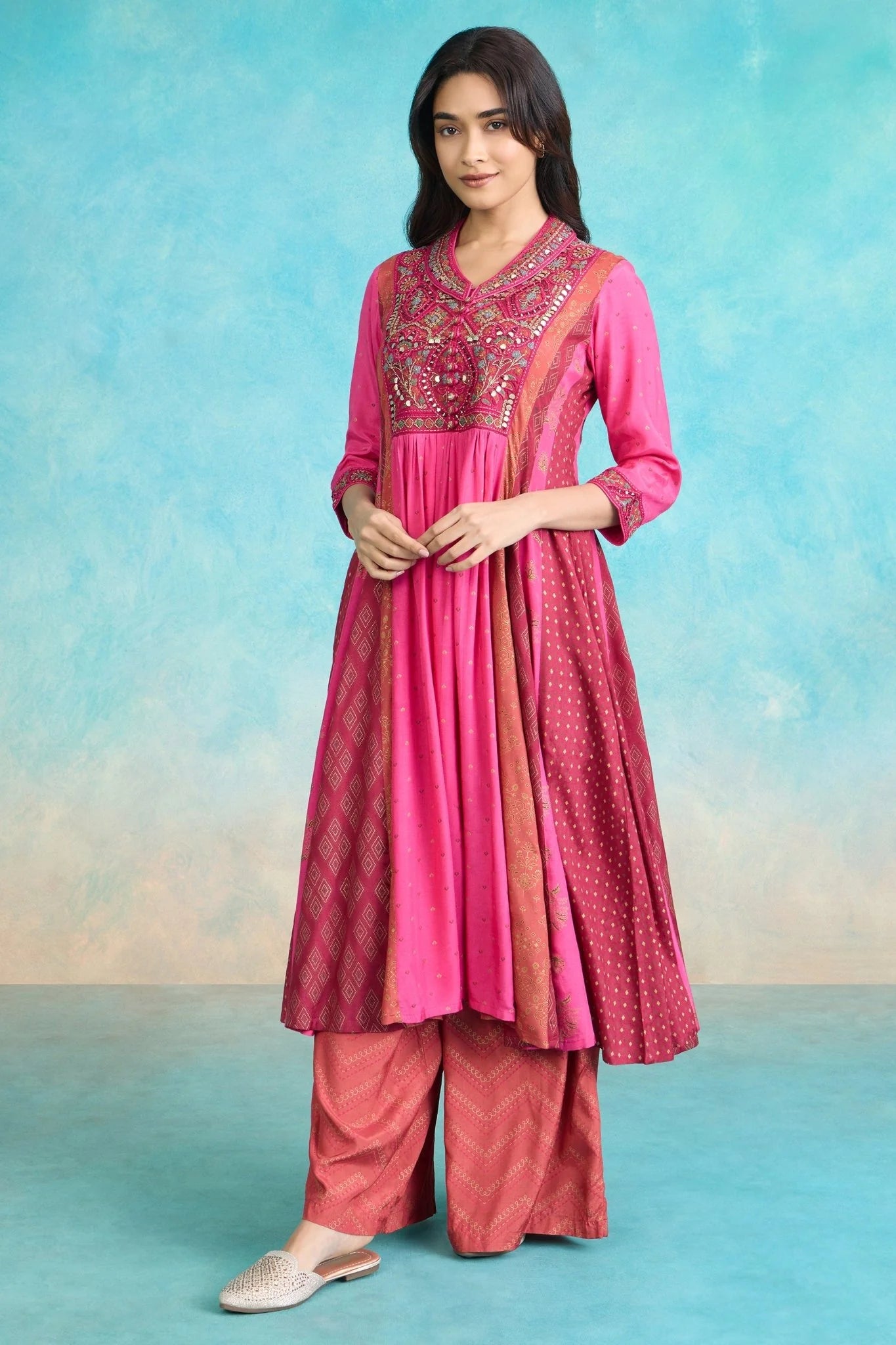 Pink Embroidered Kurta Palazzo Set with Dupatta