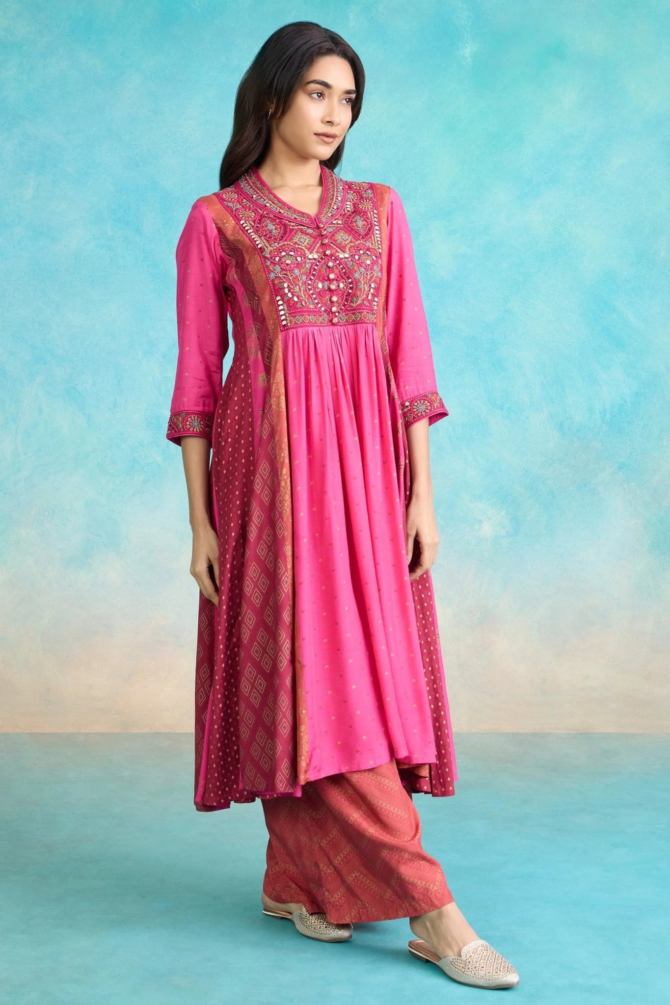 Pink Embroidered Kurta Palazzo Set with Dupatta