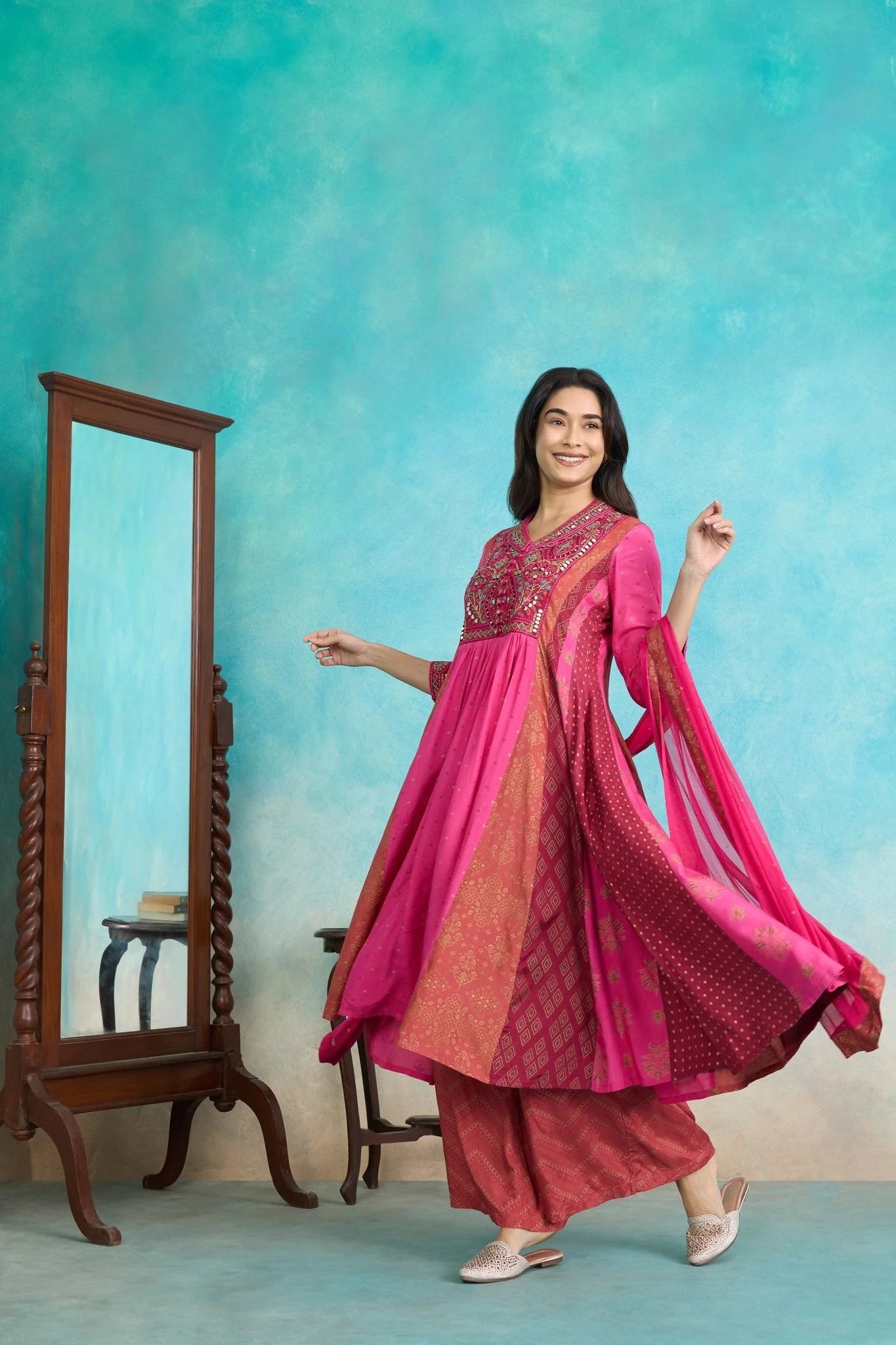 Pink Embroidered Kurta Palazzo Set with Dupatta