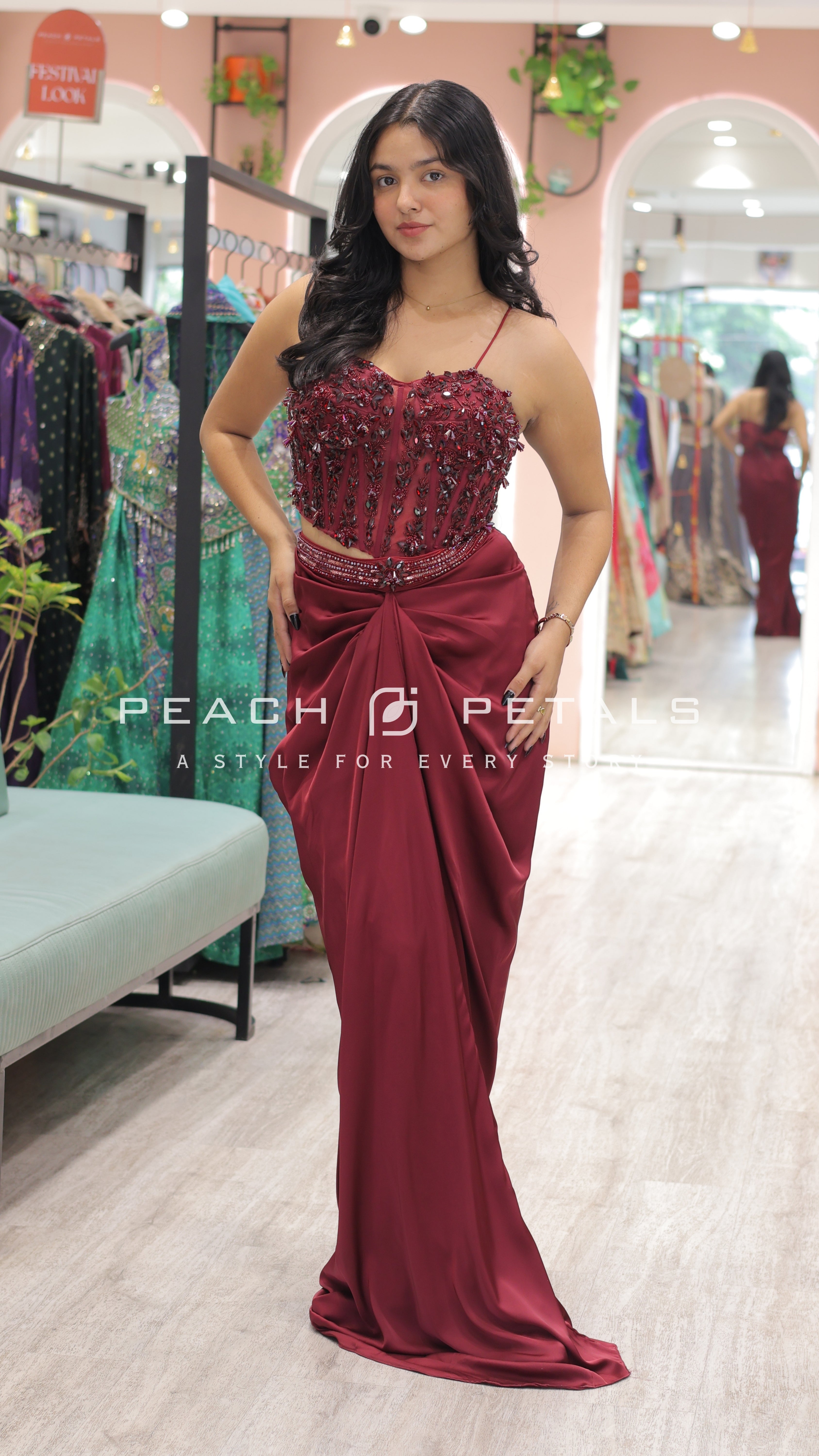 Maroon Embellished Corset Top with Draped Skirt Set