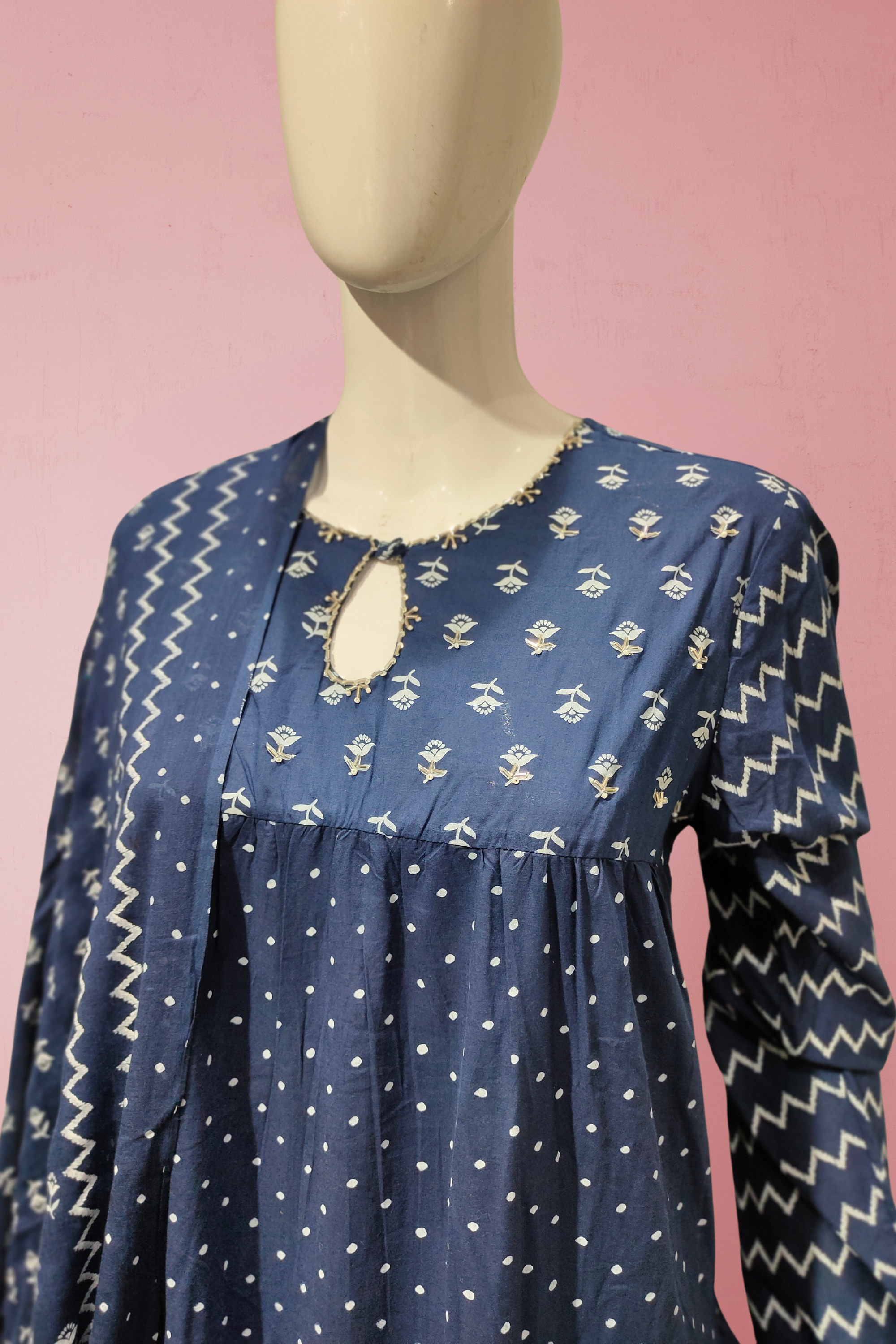 Cotton Salwar Suit with Pearl Work and Block Print