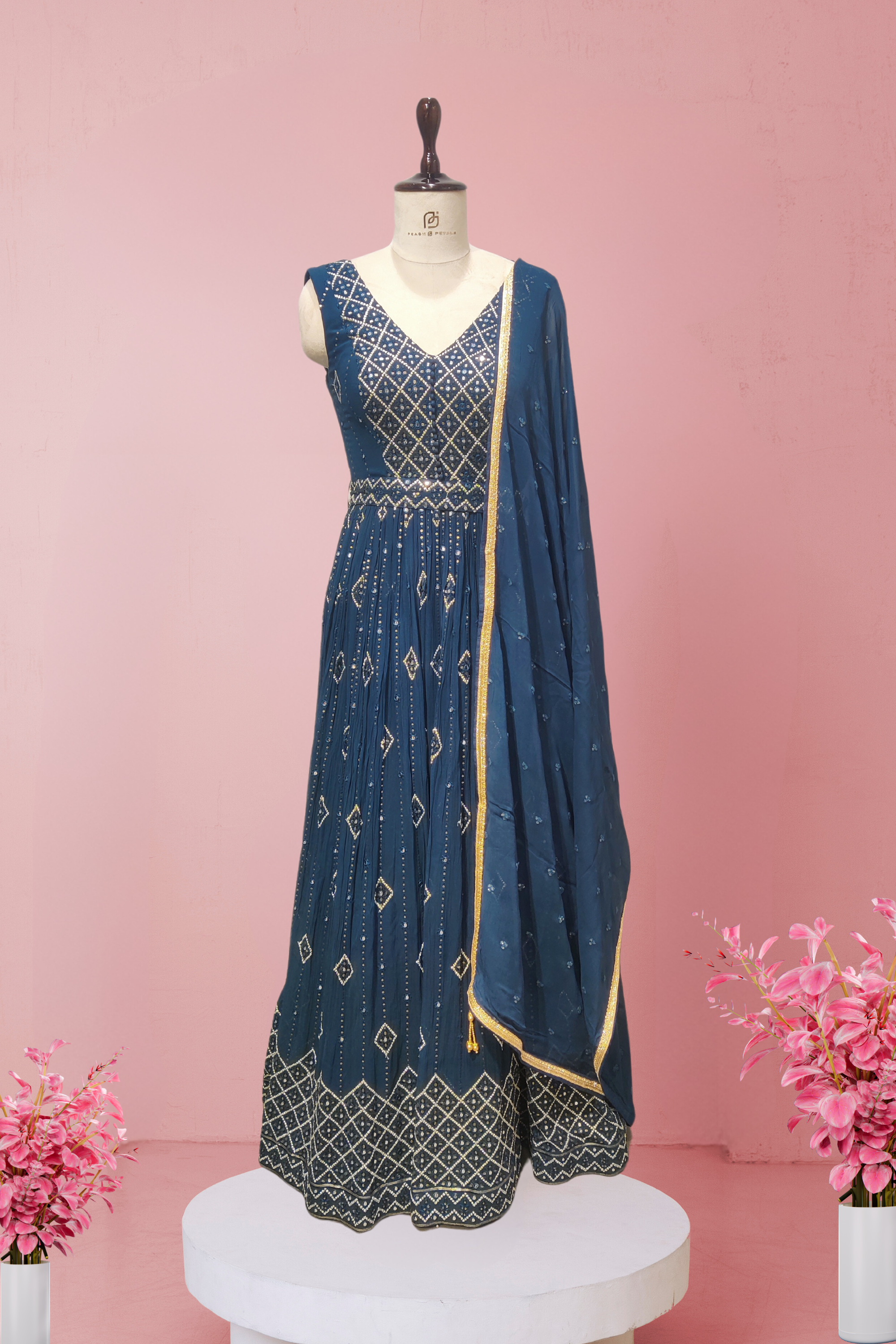 Blue Georgette Anarkali Gown with Embroidery