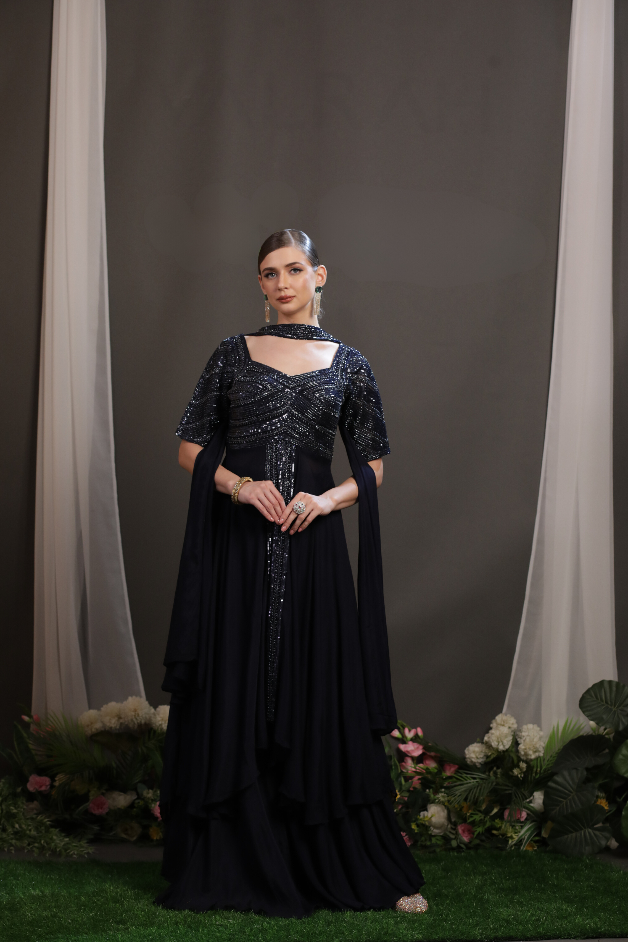 Majestic Deep Blue Chinon Anarkali Sharara Set