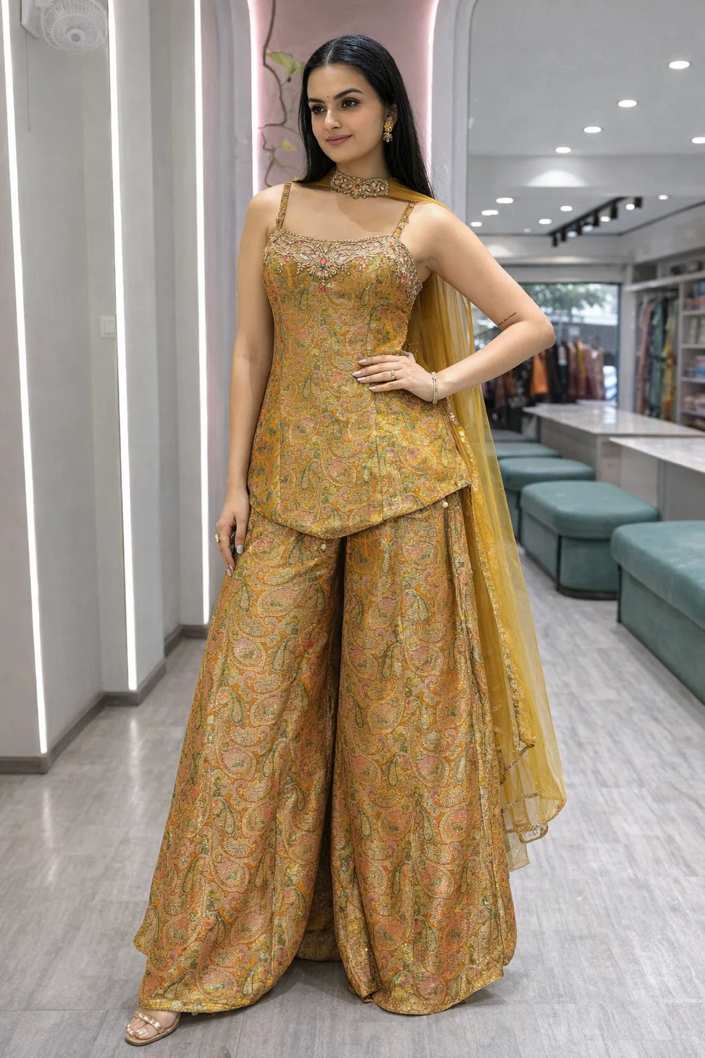 Woman in a yellow traditional outfit standing in a modern indoor setting.