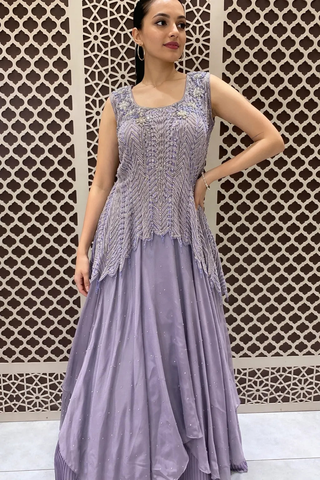 Embellished Peplum Top with Flared Skirt in Sage Green