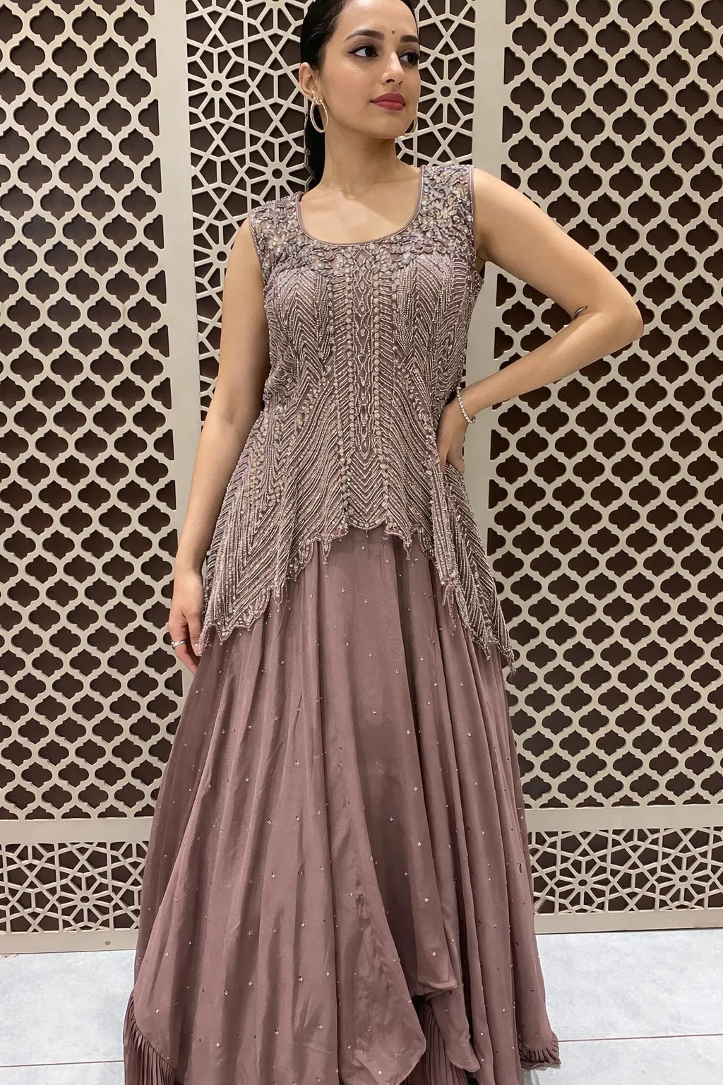 Embellished Peplum Top with Flared Skirt in Sage Green